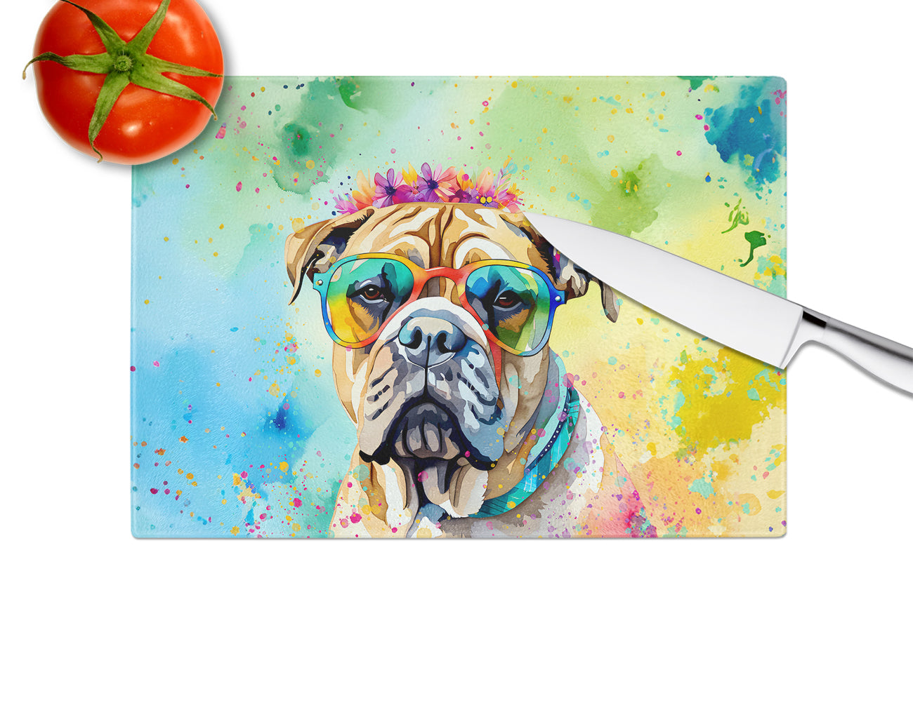 Bullmastiff Hippie Dawg Glass Cutting Board