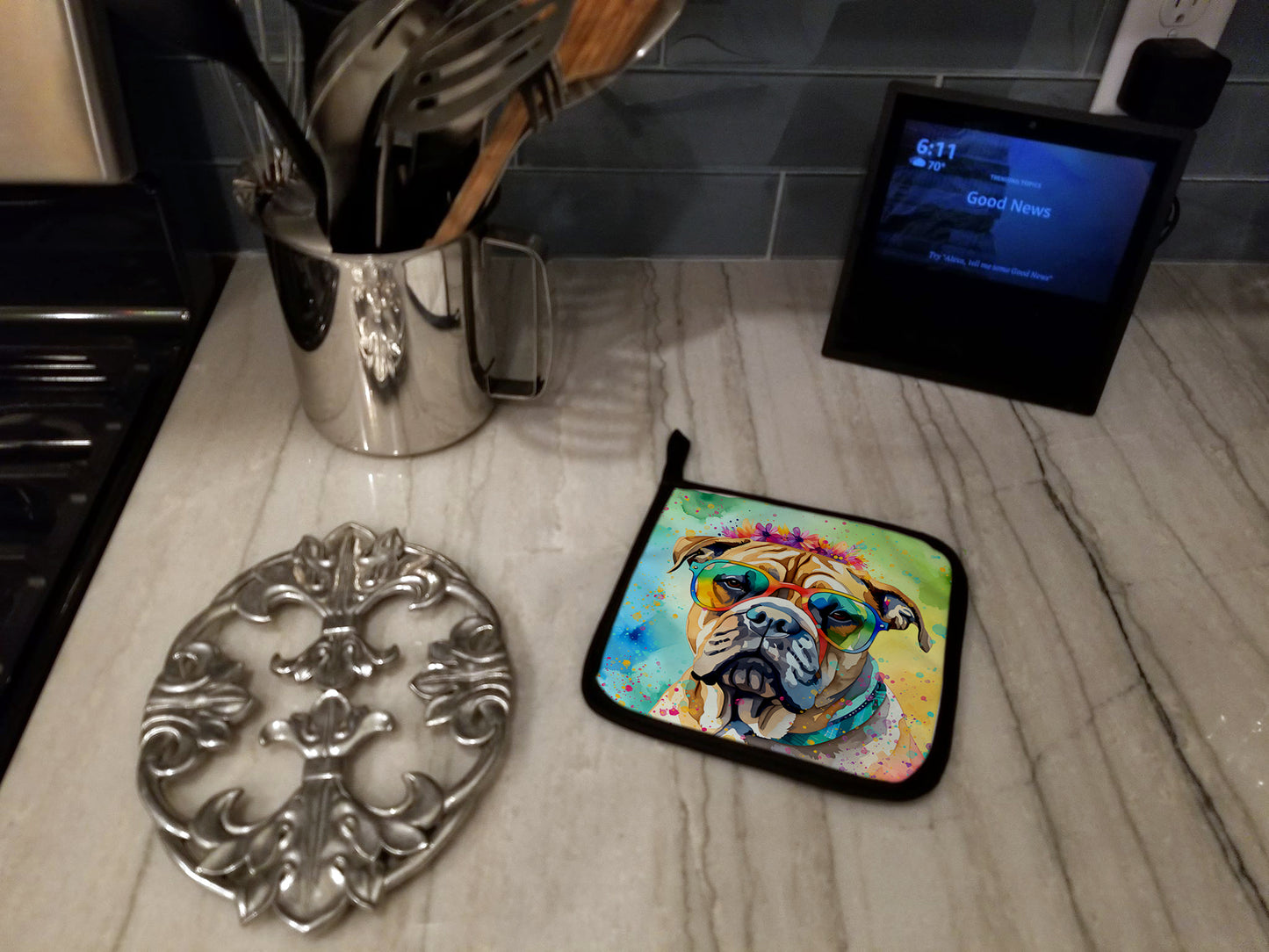 Bullmastiff Hippie Dawg Pair of Pot Holders