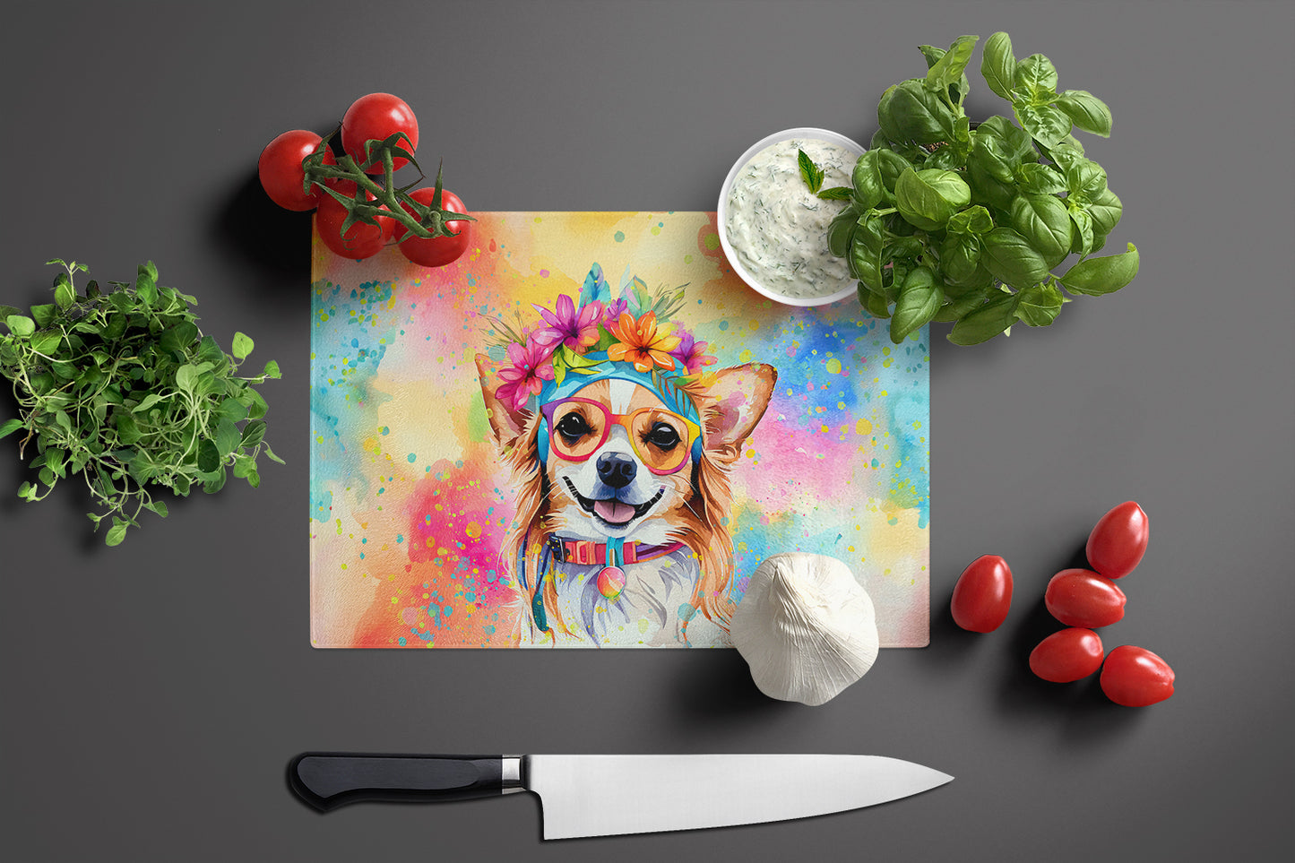 Chihuahua Hippie Dawg Glass Cutting Board