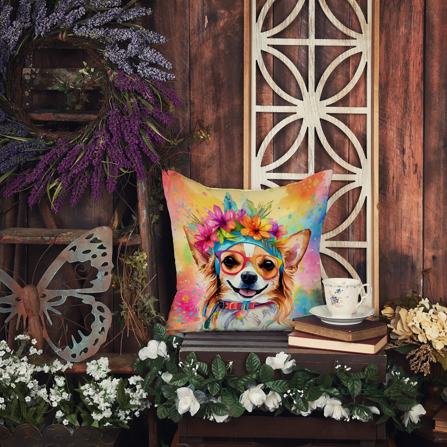 Chihuahua Hippie Dawg Throw Pillow