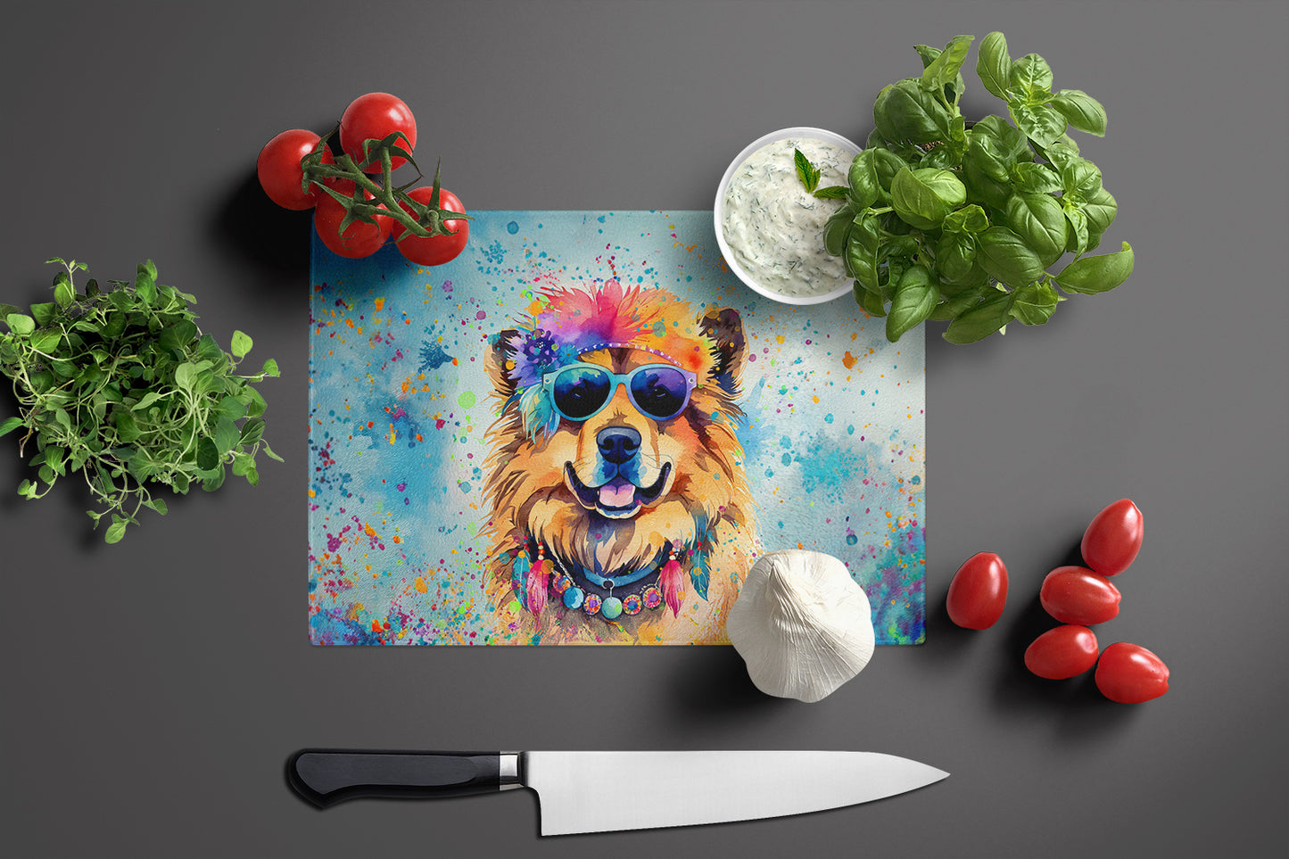 Chow Chow Hippie Dawg Glass Cutting Board