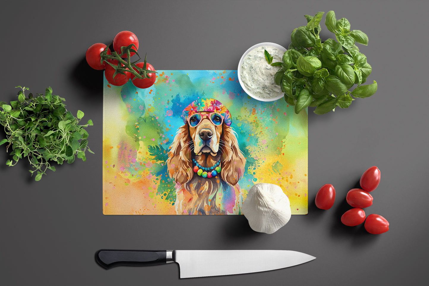 Cocker Spaniel Hippie Dawg Glass Cutting Board