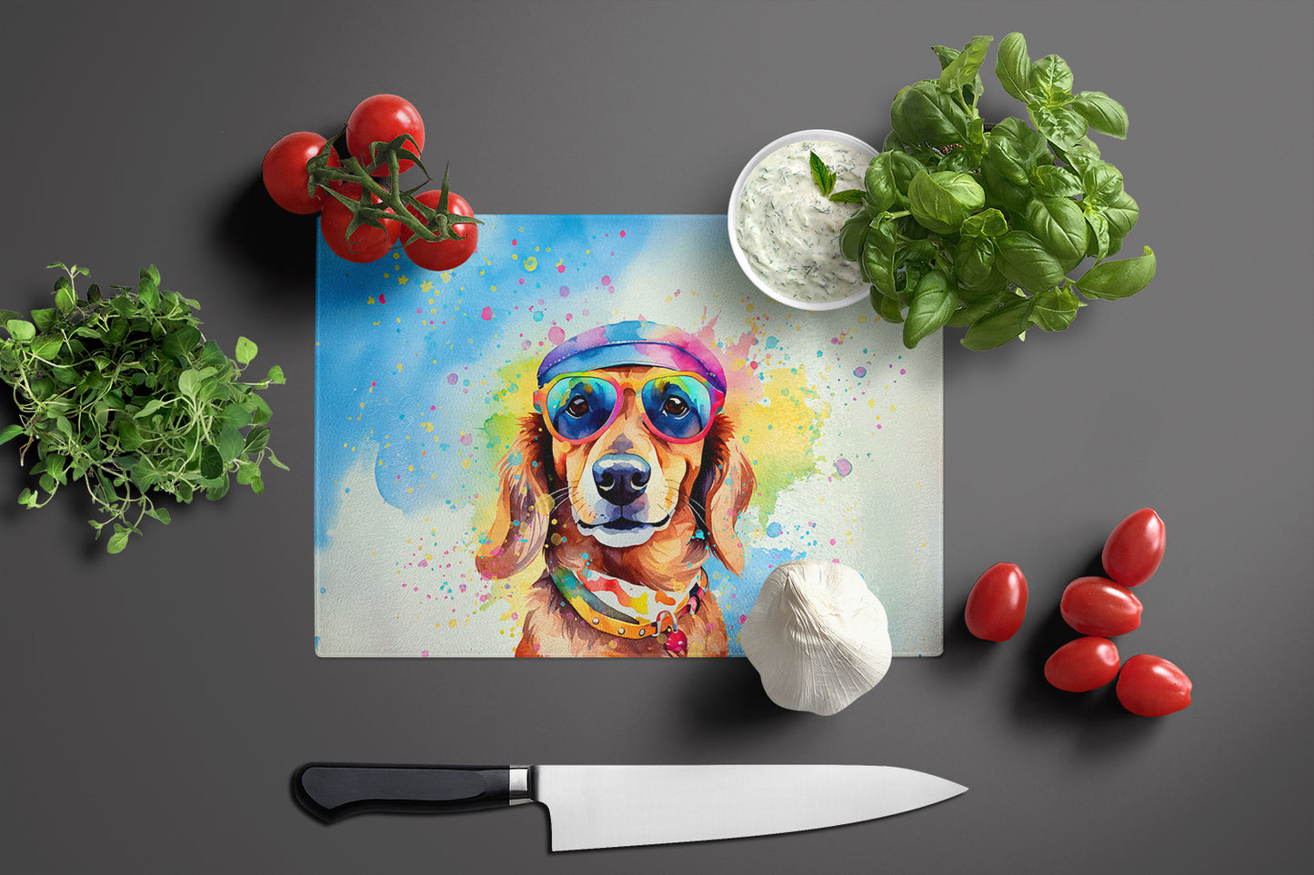 Dachshund Hippie Dawg Glass Cutting Board