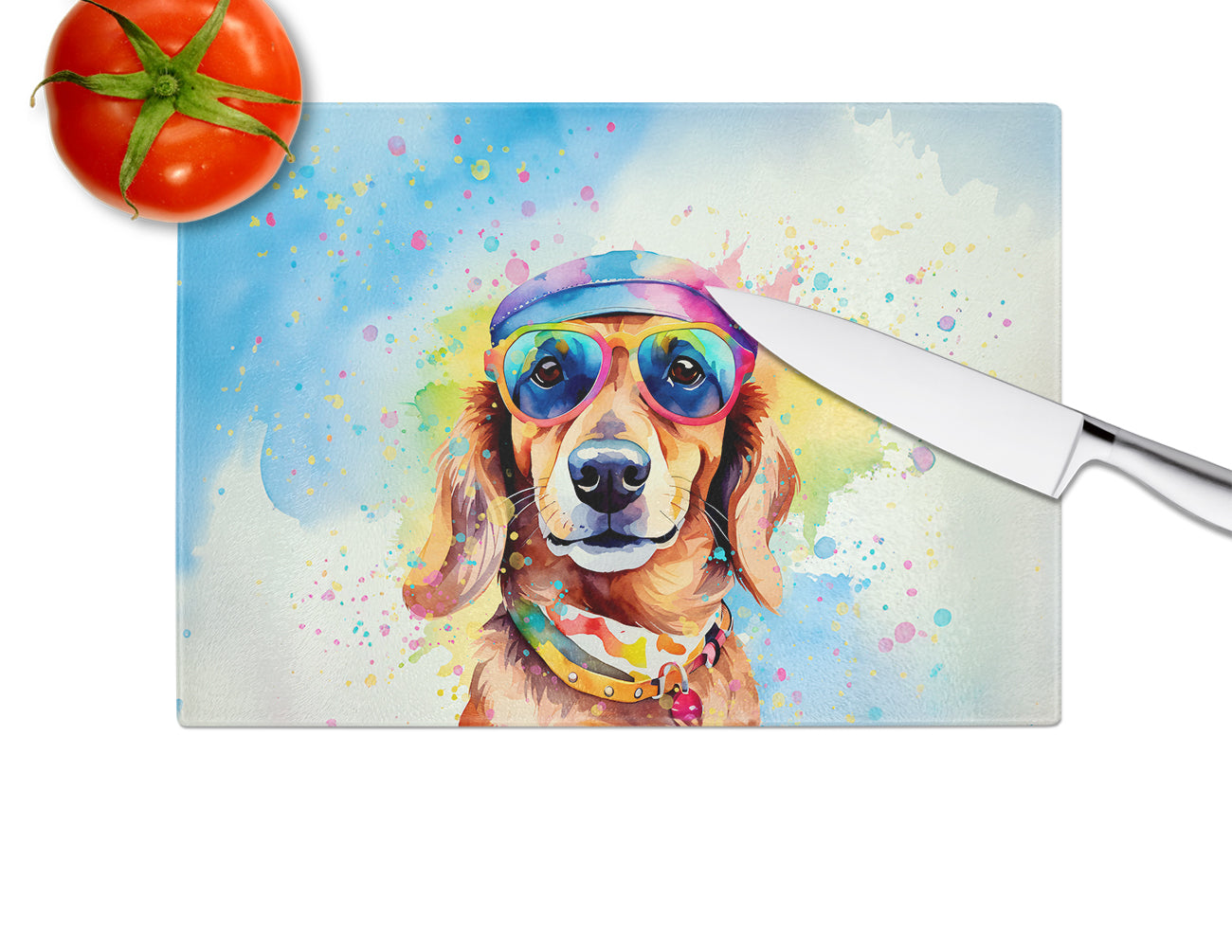 Dachshund Hippie Dawg Glass Cutting Board