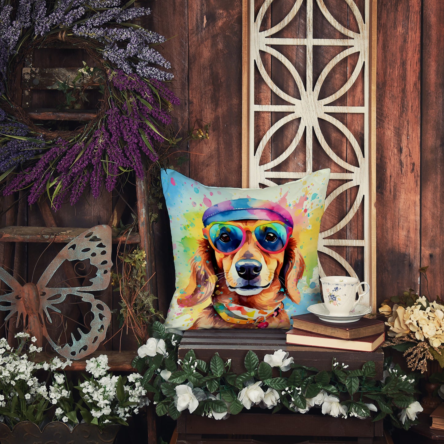 Dachshund Hippie Dawg Throw Pillow