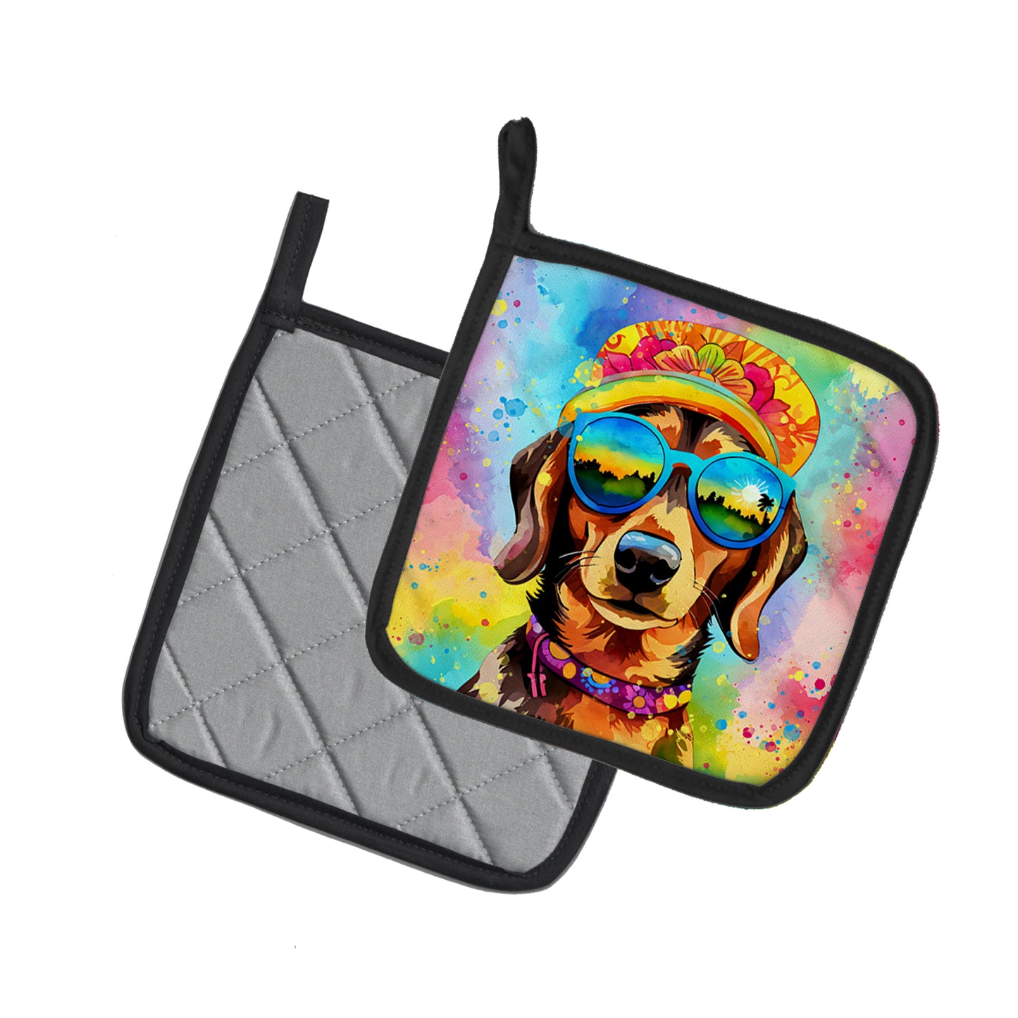 Dachshund Hippie Dawg Pair of Pot Holders