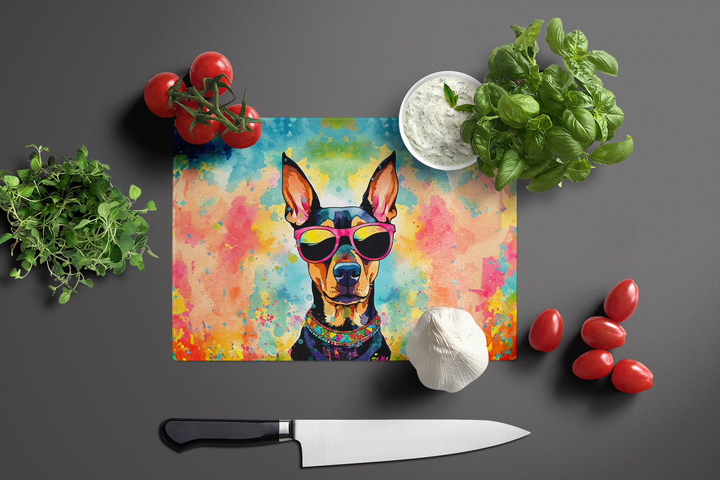 Doberman Pinscher Hippie Dawg Glass Cutting Board