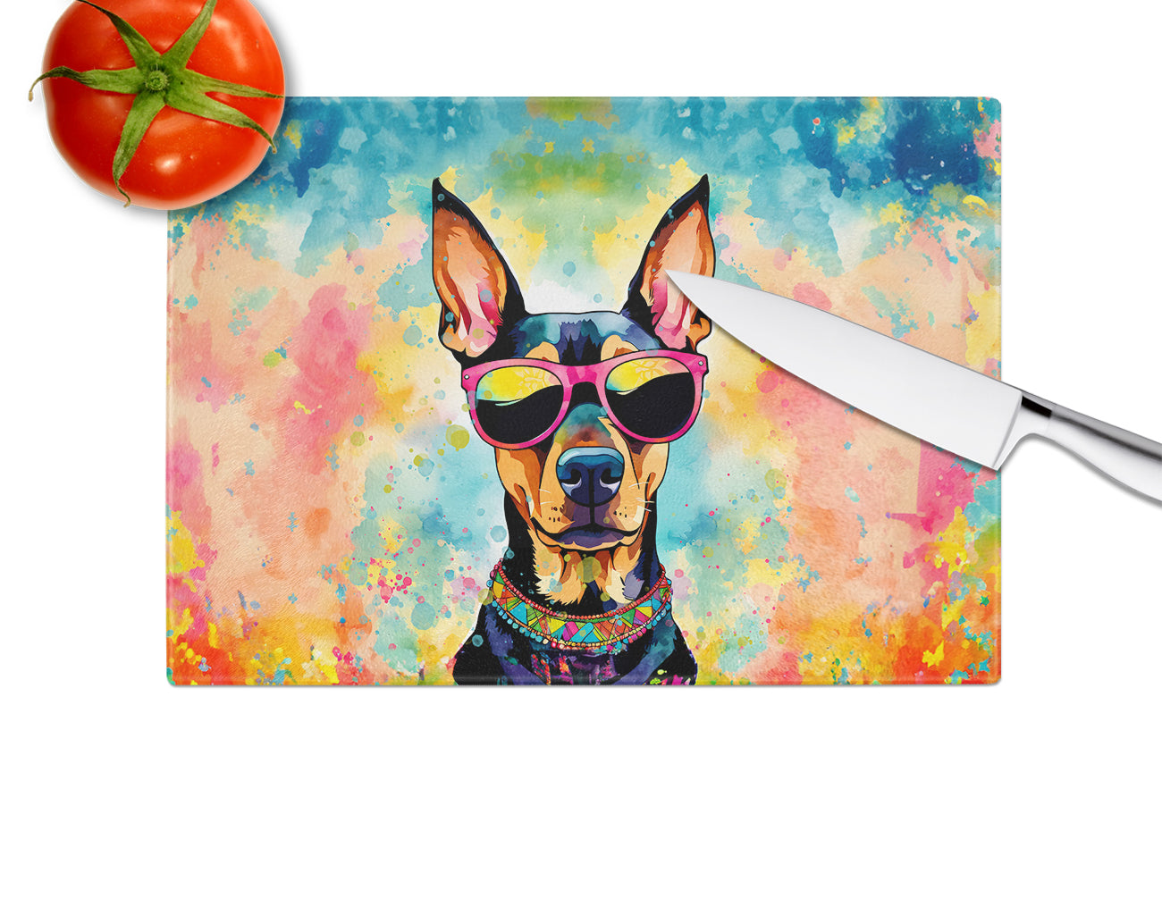 Doberman Pinscher Hippie Dawg Glass Cutting Board