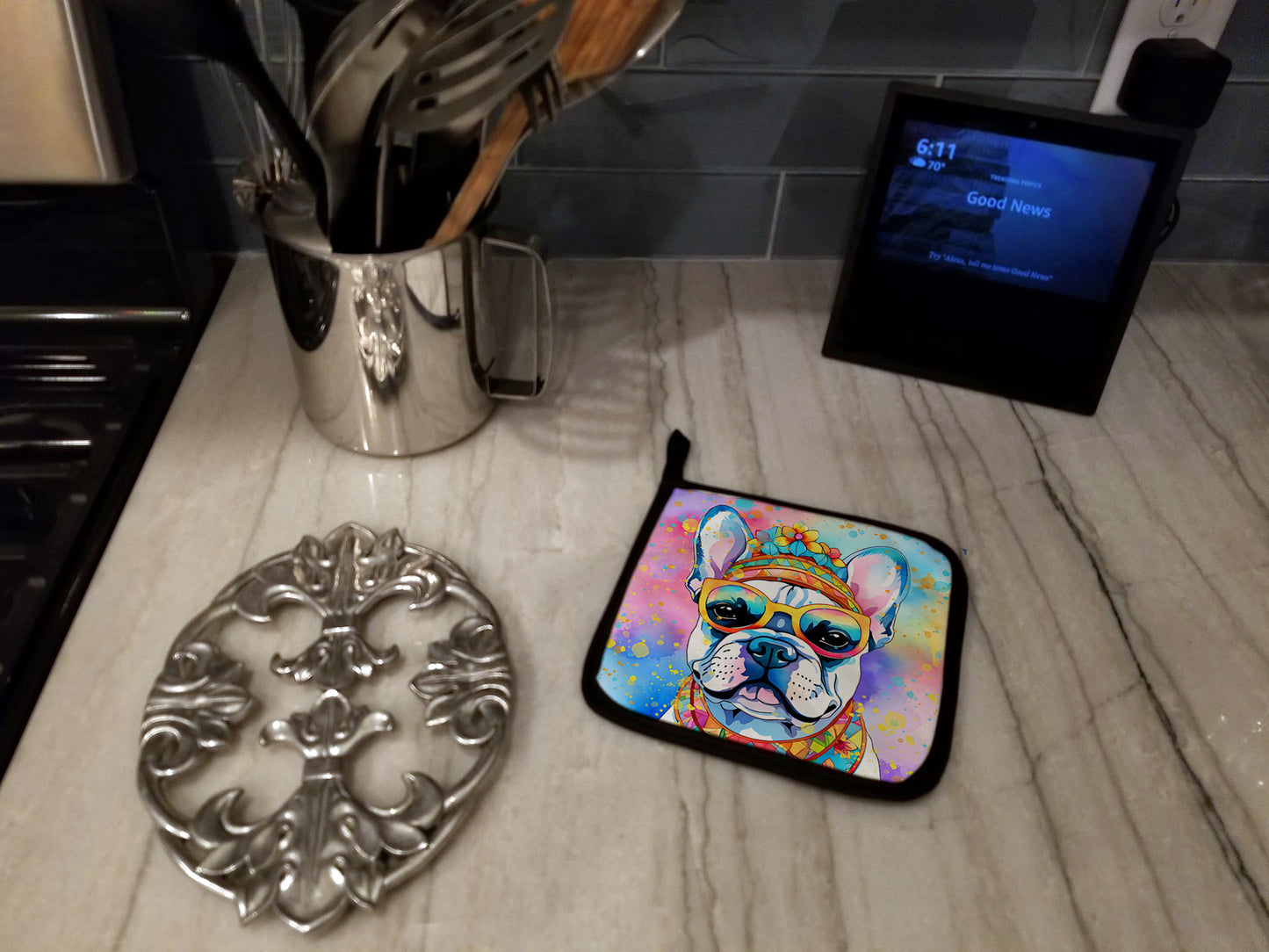 French Bulldog Hippie Dawg Pair of Pot Holders