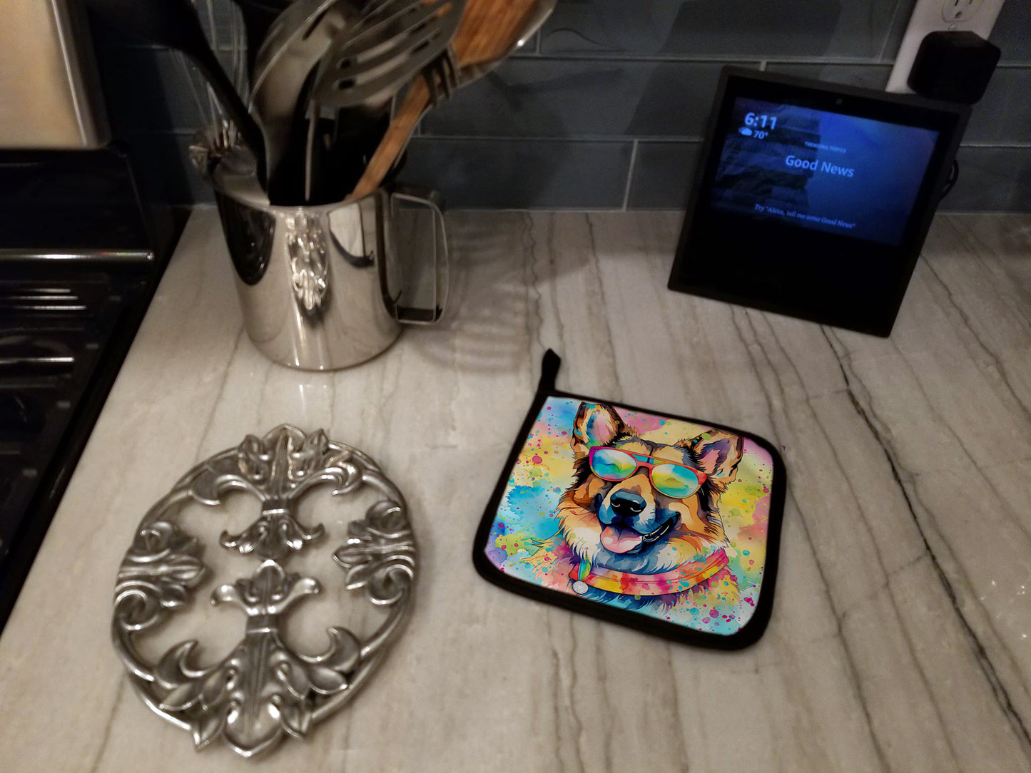 German Shepherd Hippie Dawg Pair of Pot Holders