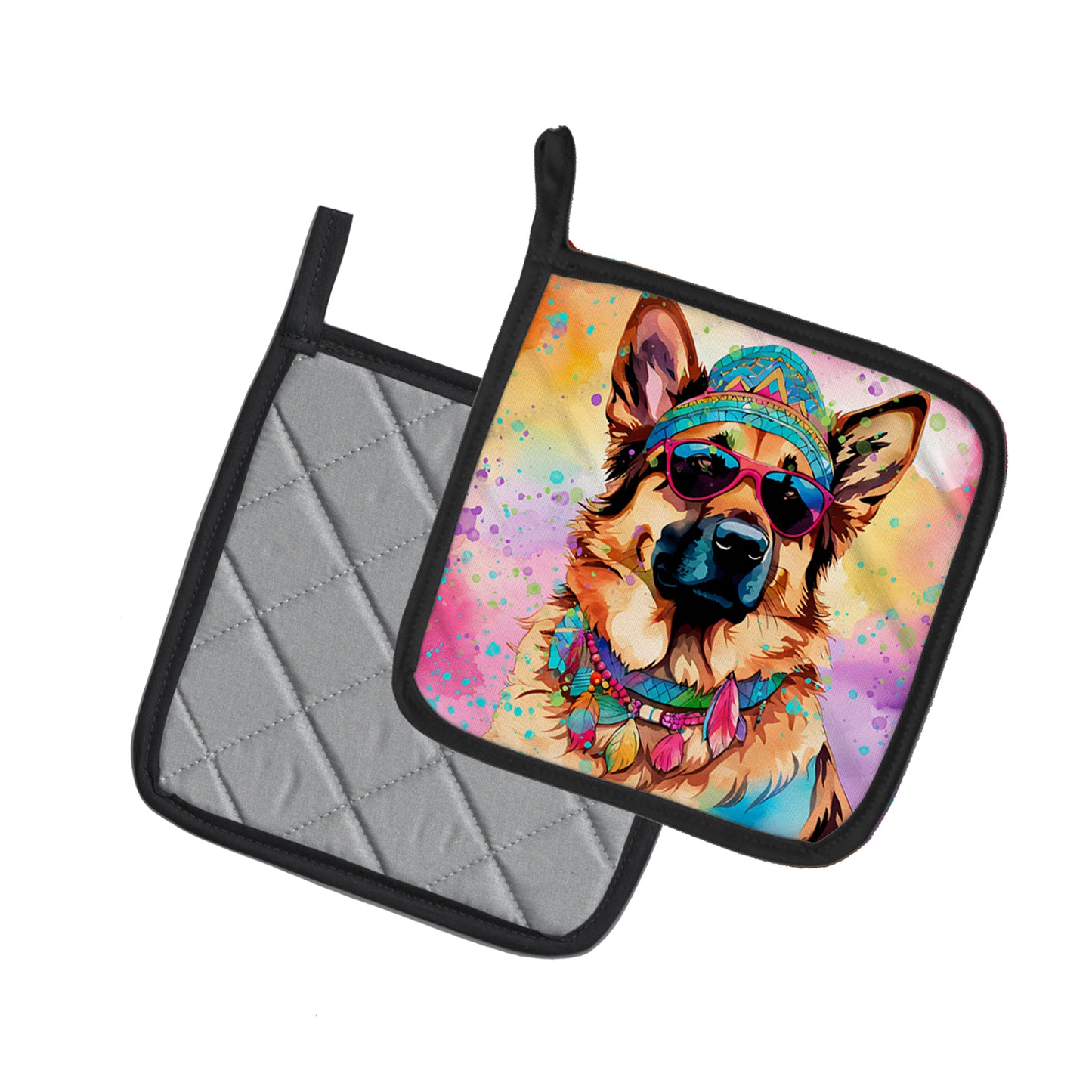 German Shepherd Hippie Dawg Pair of Pot Holders