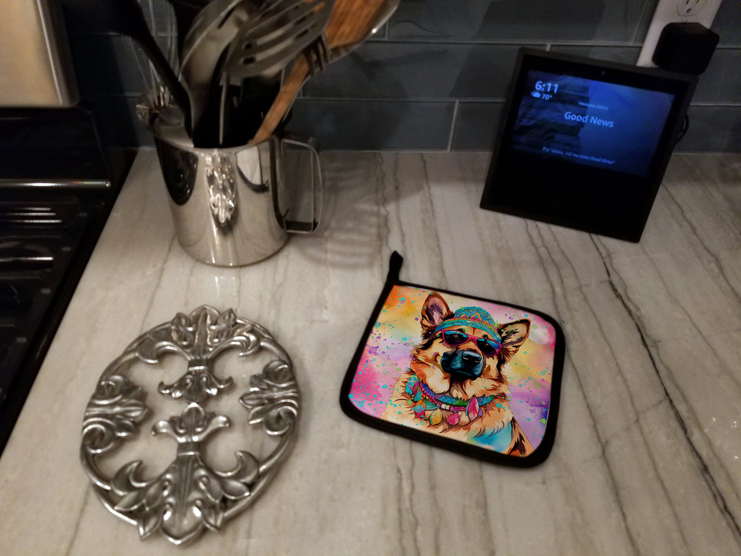 German Shepherd Hippie Dawg Pair of Pot Holders