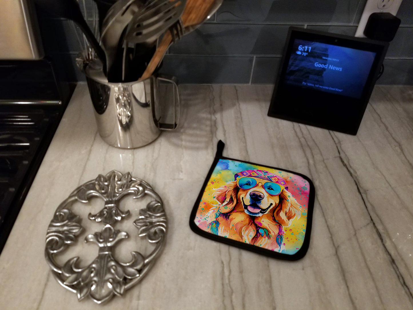 Golden Retriever Hippie Dawg Pair of Pot Holders