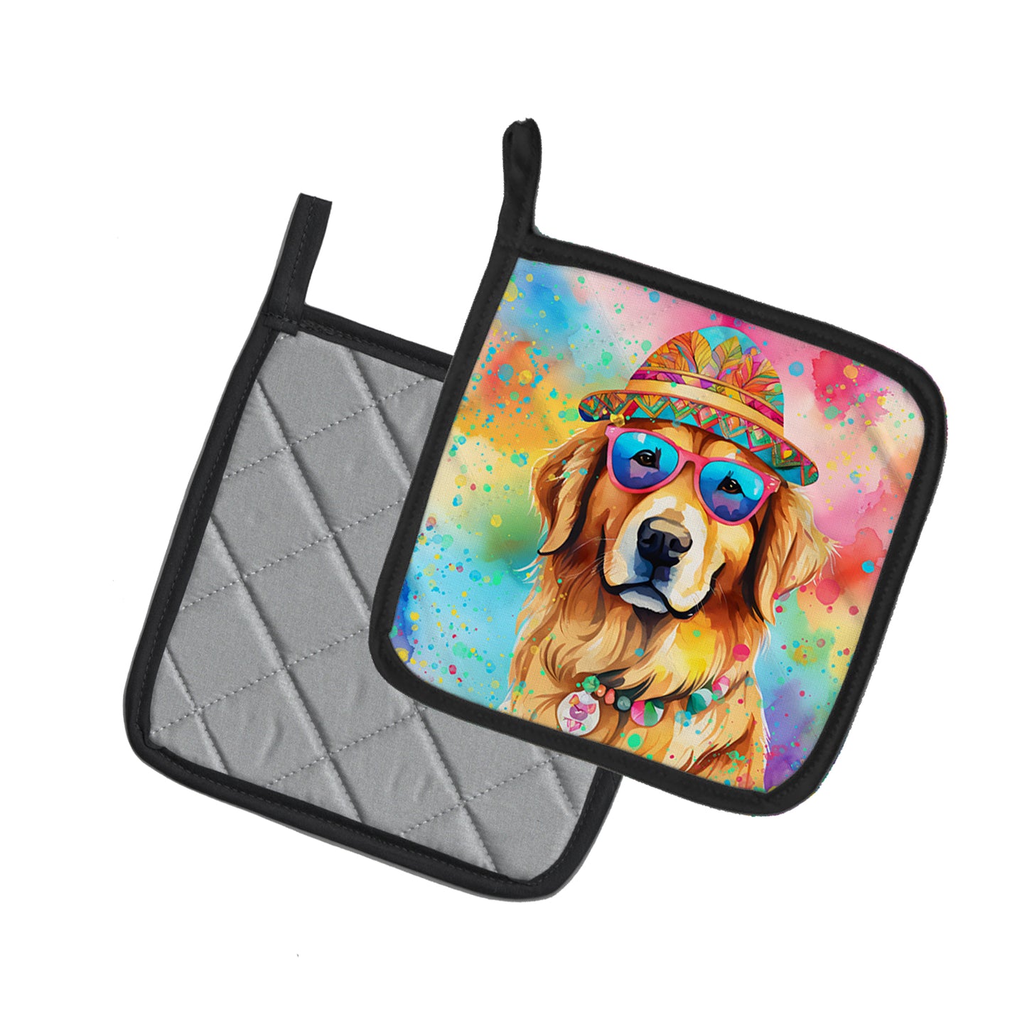 Golden Retriever Hippie Dawg Pair of Pot Holders