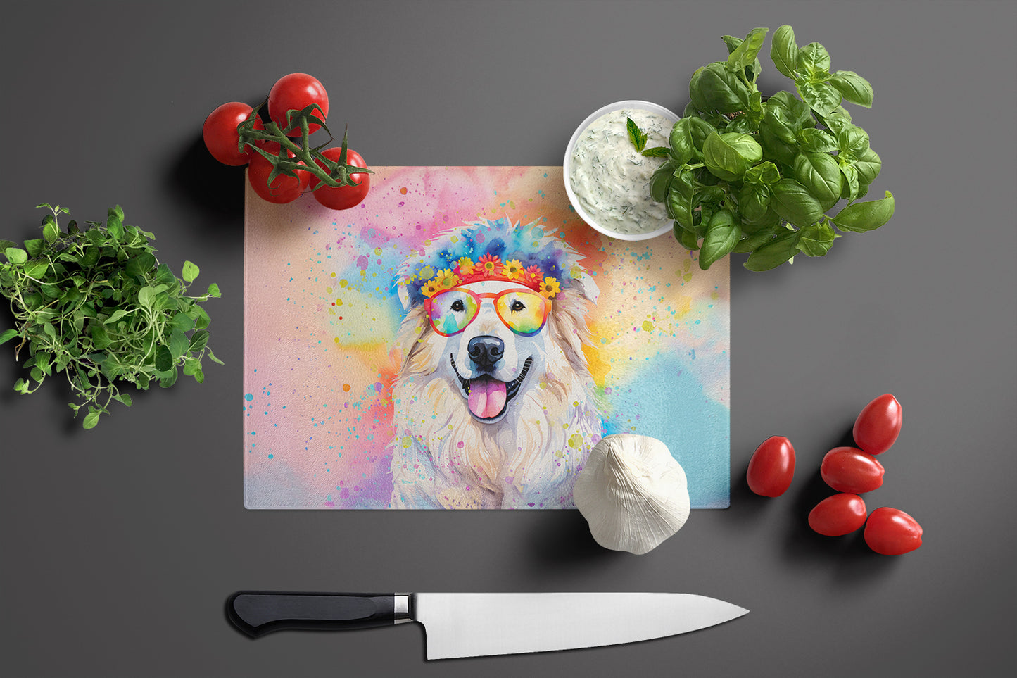 Great Pyrenees Hippie Dawg Glass Cutting Board