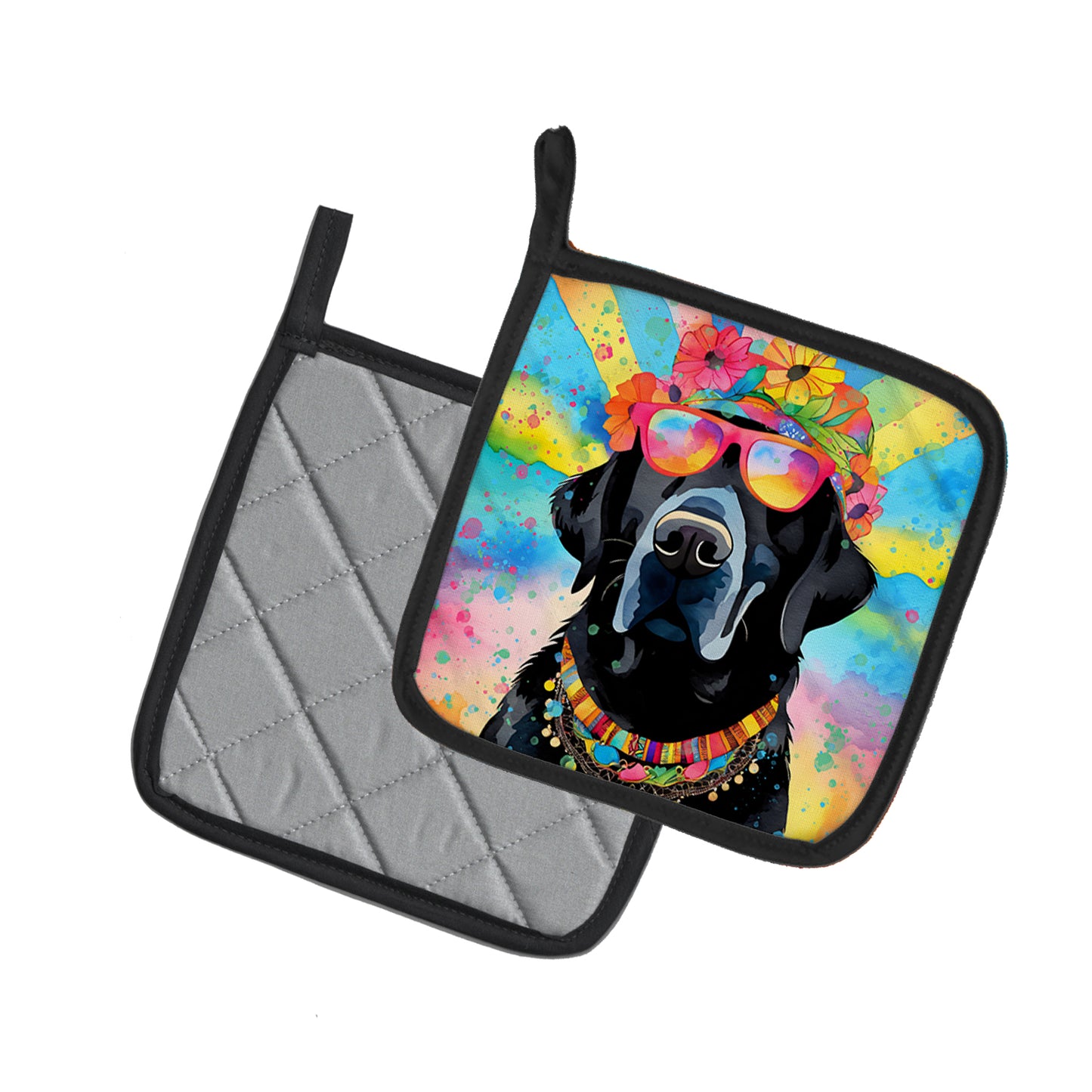 Black Labrador Hippie Dawg Pair of Pot Holders