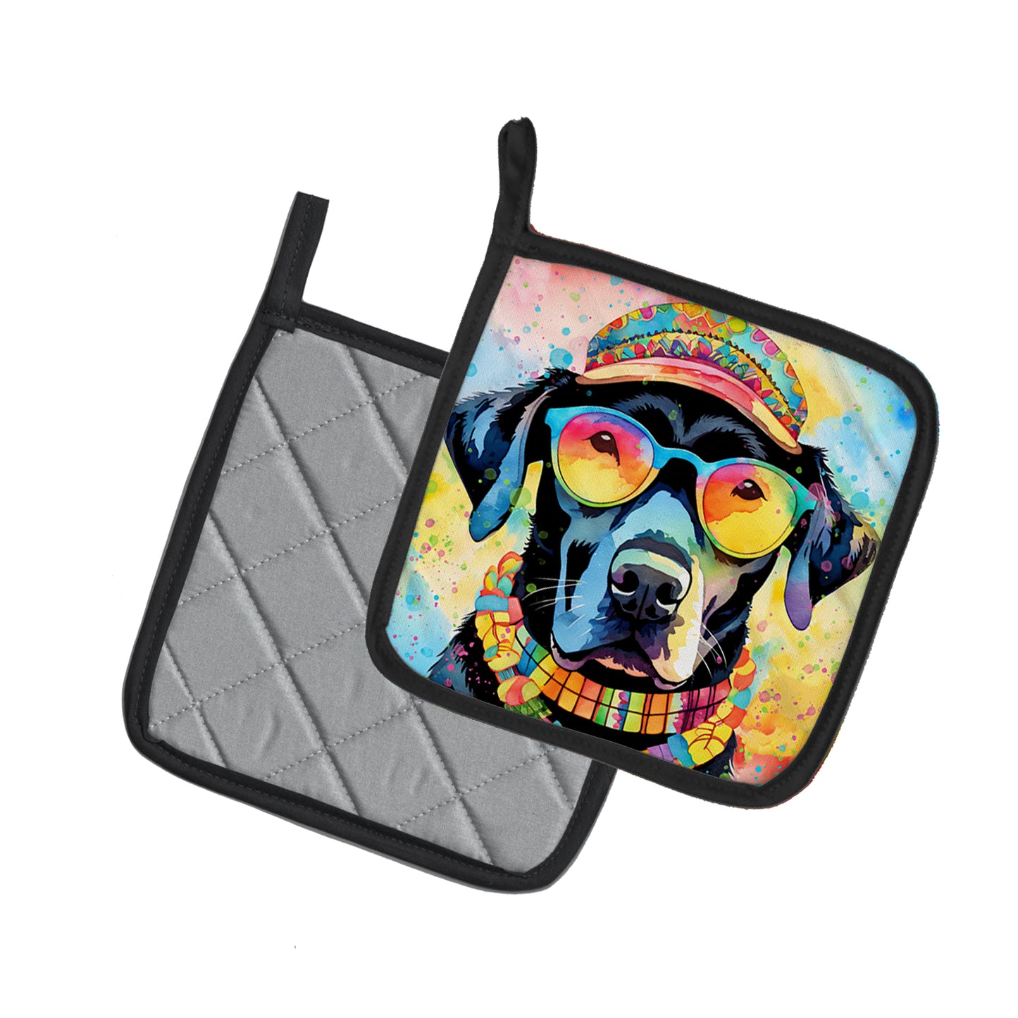 Black Labrador Hippie Dawg Pair of Pot Holders