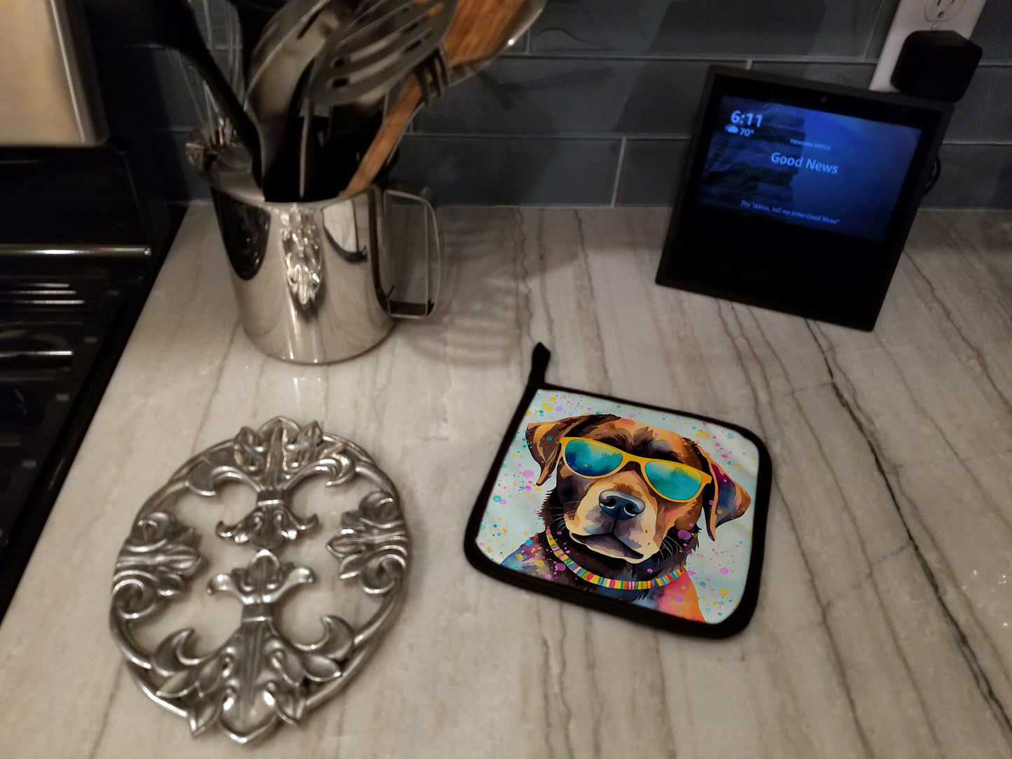 Chocolate Labrador Hippie Dawg Pair of Pot Holders