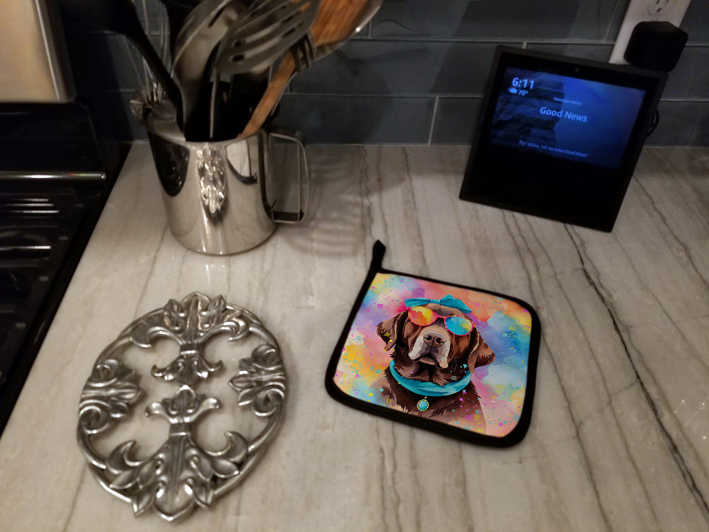 Chocolate Labrador Hippie Dawg Pair of Pot Holders