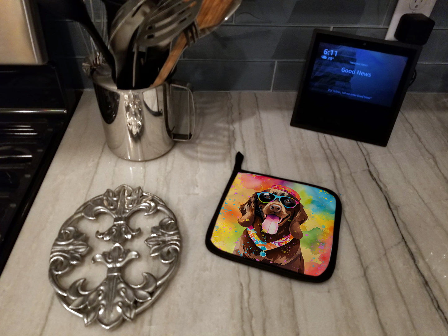 Chocolate Labrador Hippie Dawg Pair of Pot Holders