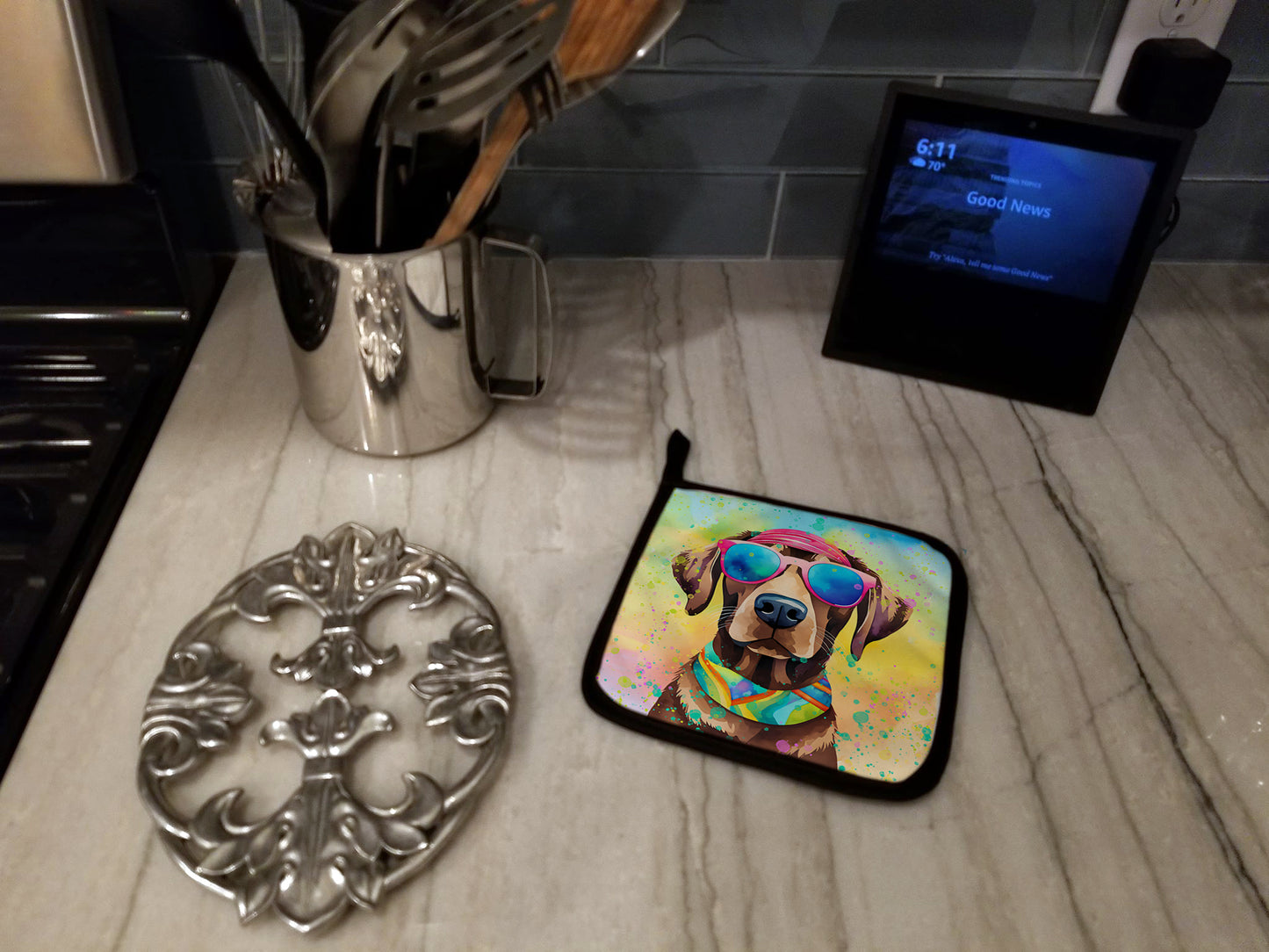 Chocolate Labrador Hippie Dawg Pair of Pot Holders