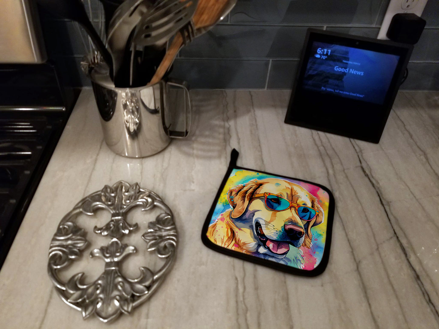 Yellow Labrador Hippie Dawg Pair of Pot Holders