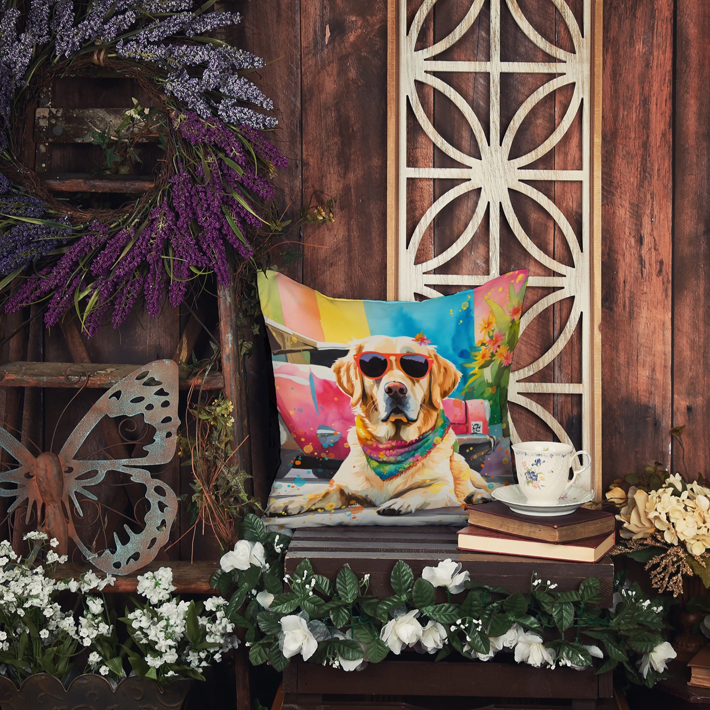 Yellow Labrador Hippie Dawg Throw Pillow