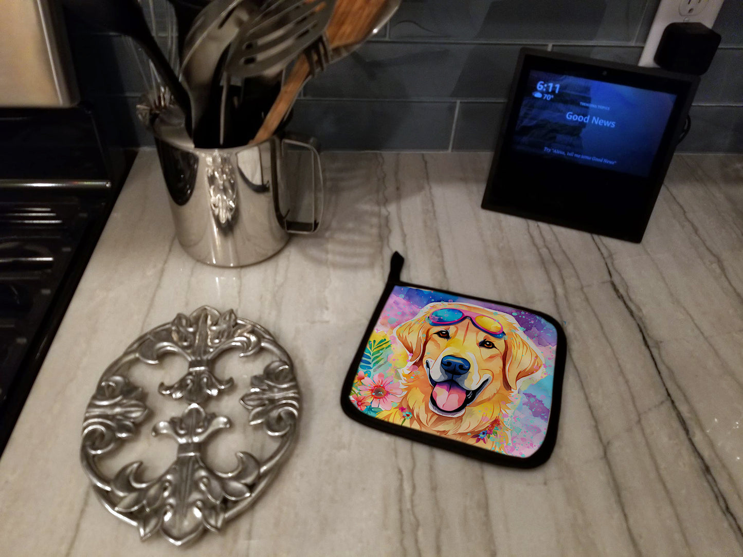 Yellow Labrador Hippie Dawg Pair of Pot Holders