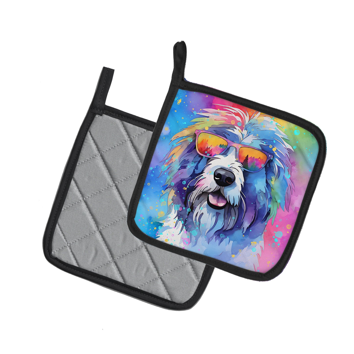 Old English Sheepdog Hippie Dawg Pair of Pot Holders