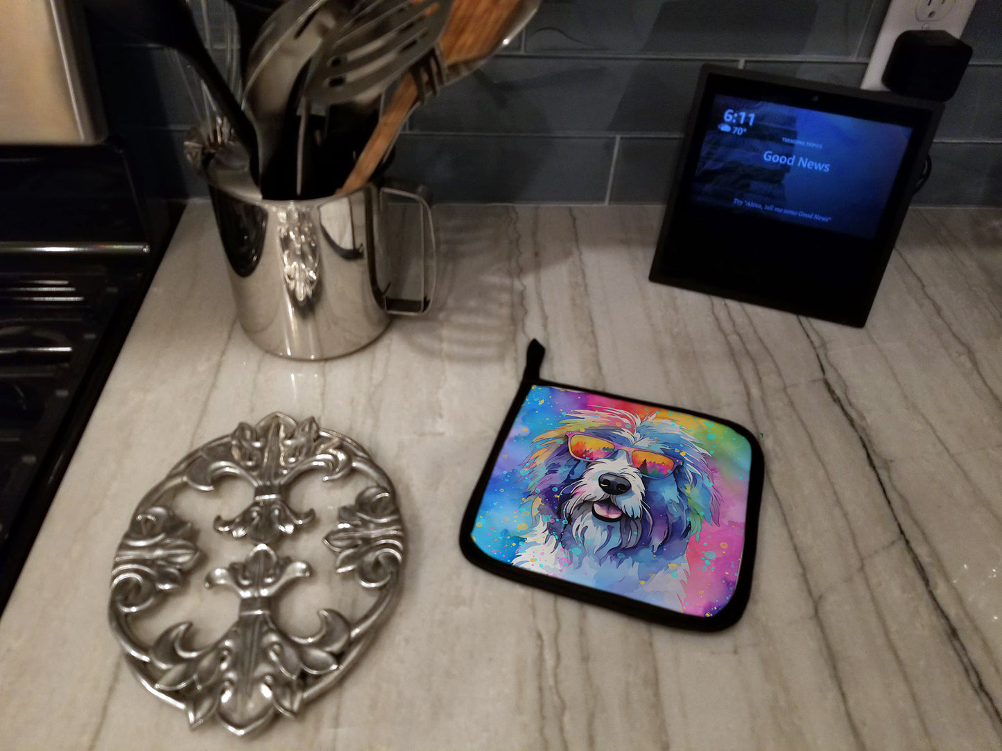 Old English Sheepdog Hippie Dawg Pair of Pot Holders