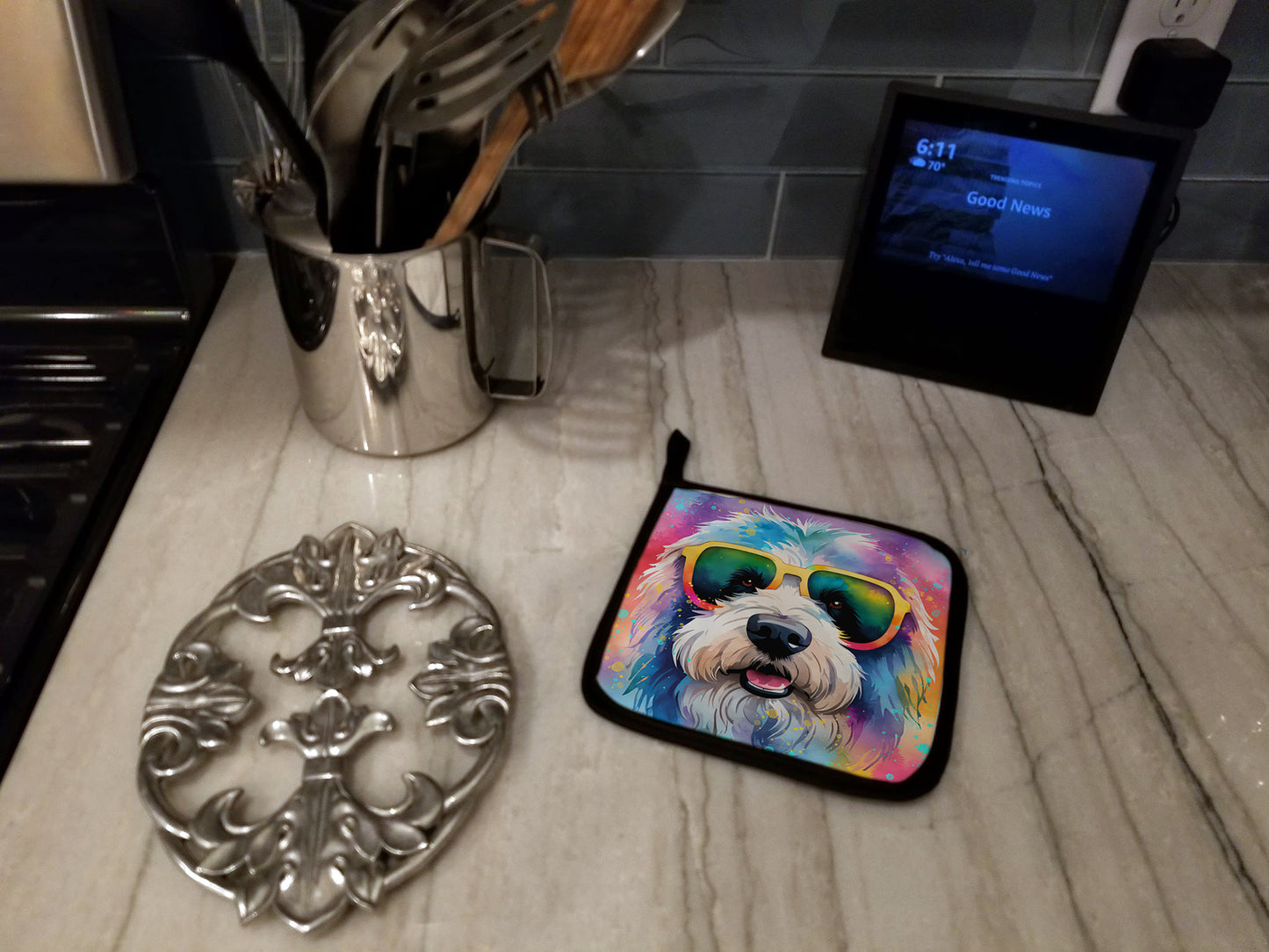Old English Sheepdog Hippie Dawg Pair of Pot Holders