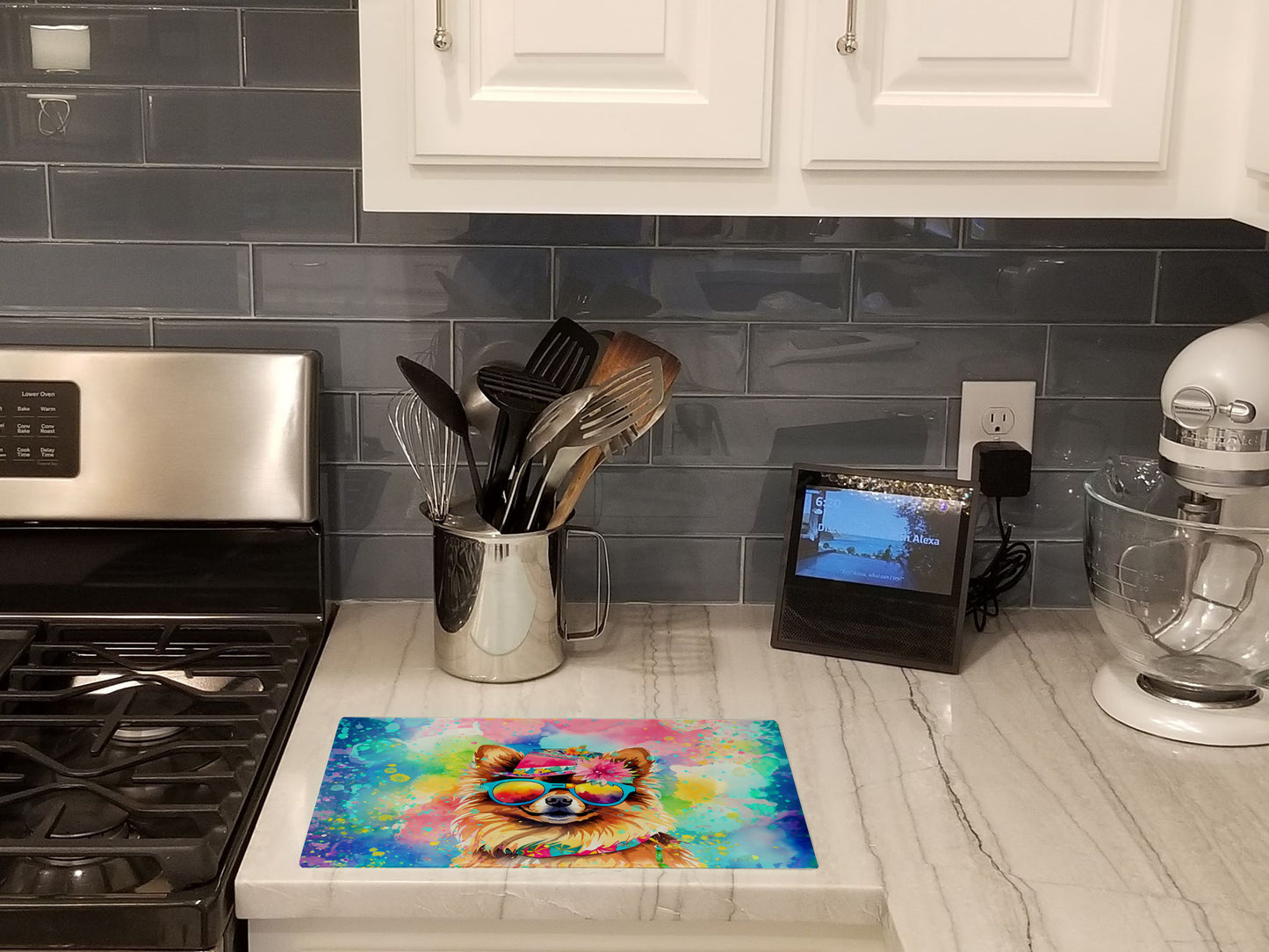 Pomeranian Hippie Dawg Glass Cutting Board