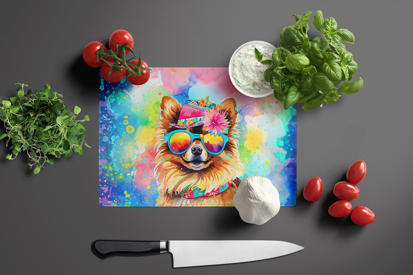 Pomeranian Hippie Dawg Glass Cutting Board