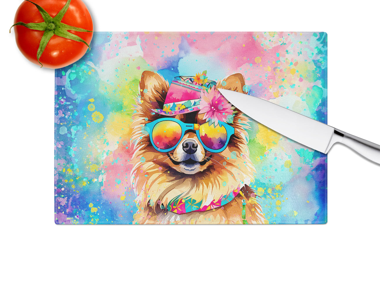 Pomeranian Hippie Dawg Glass Cutting Board
