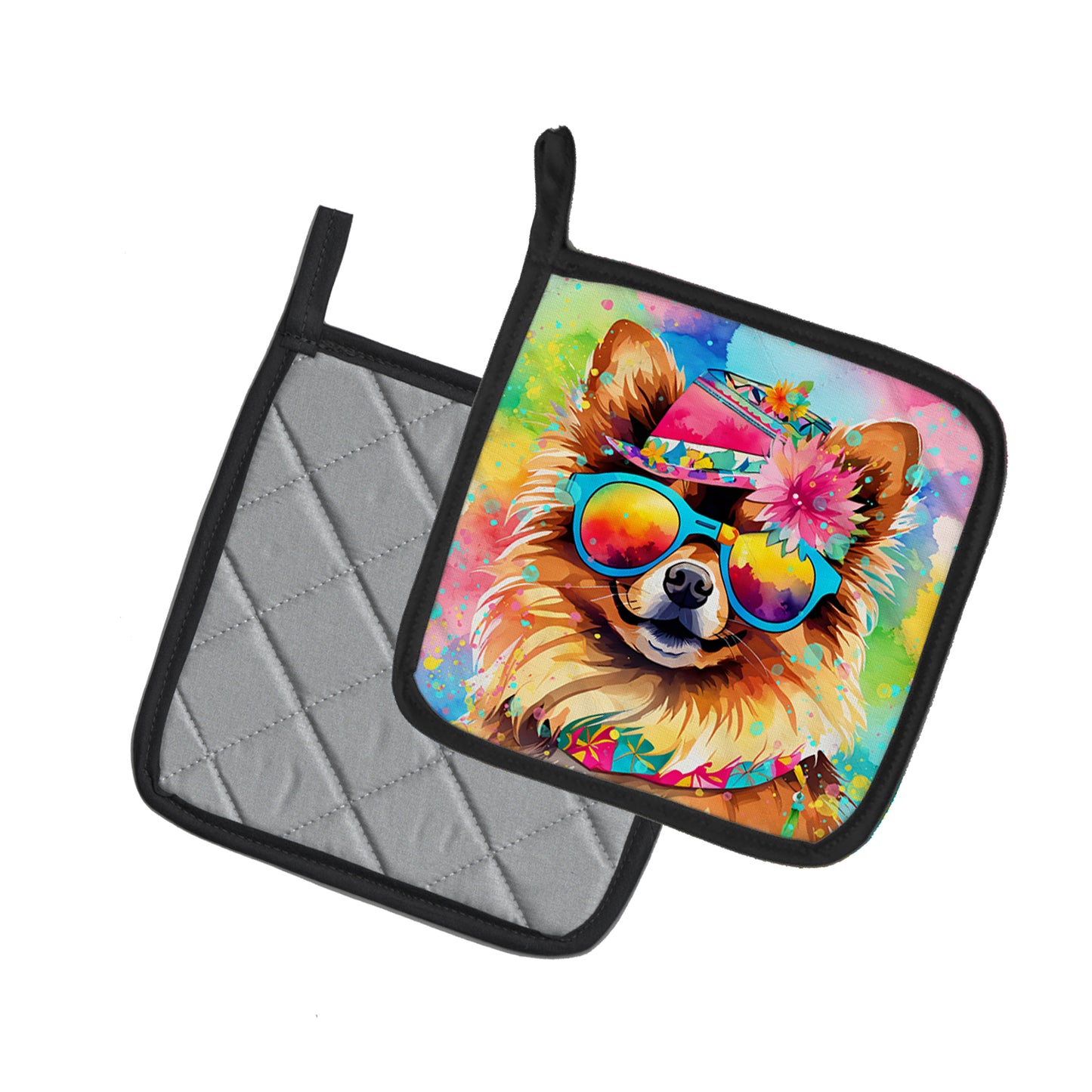 Pomeranian Hippie Dawg Pair of Pot Holders