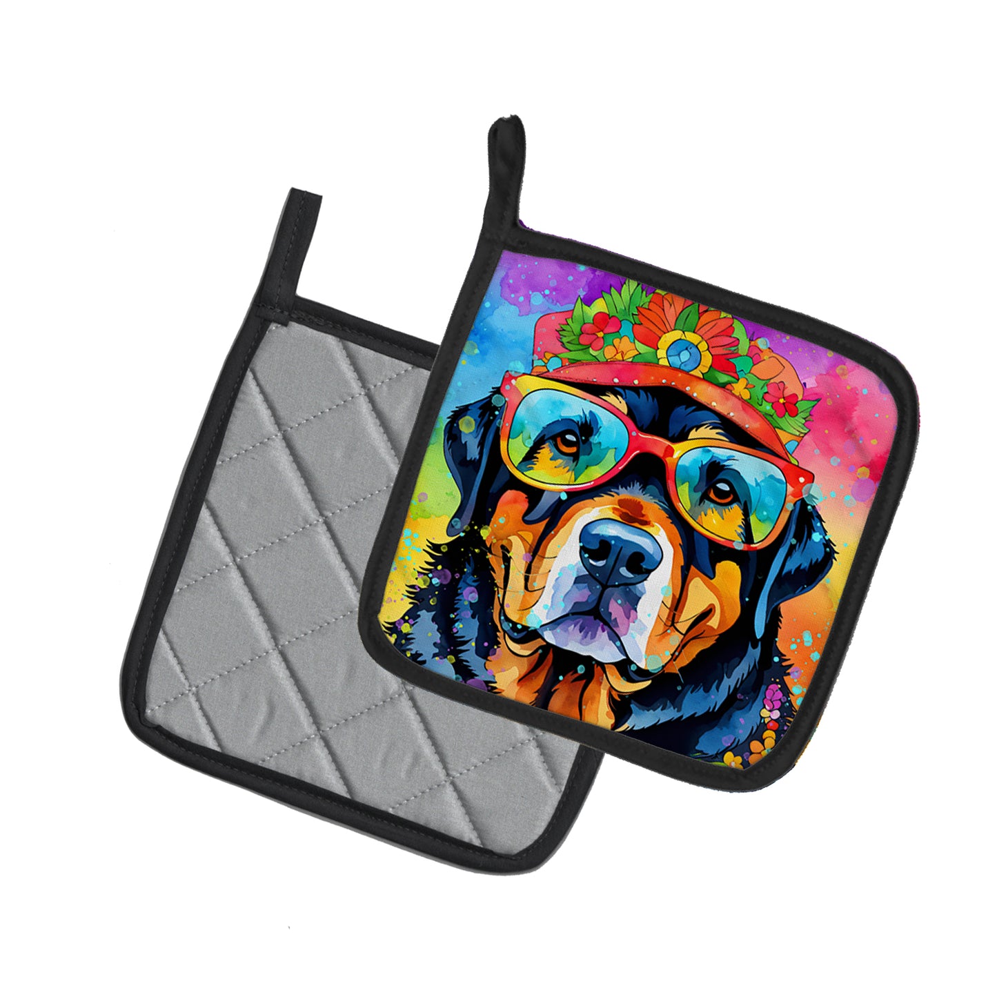 Rottweiler Hippie Dawg Pair of Pot Holders