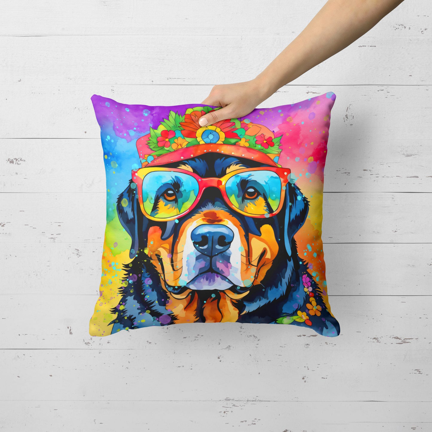 Rottweiler Hippie Dawg Throw Pillow