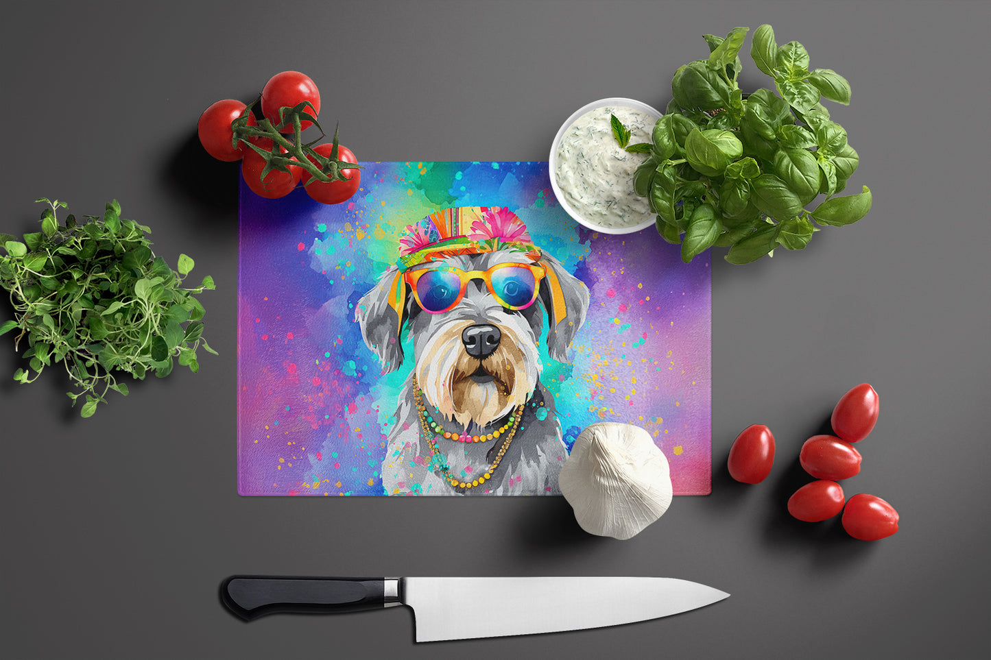 Schnauzer Hippie Dawg Glass Cutting Board