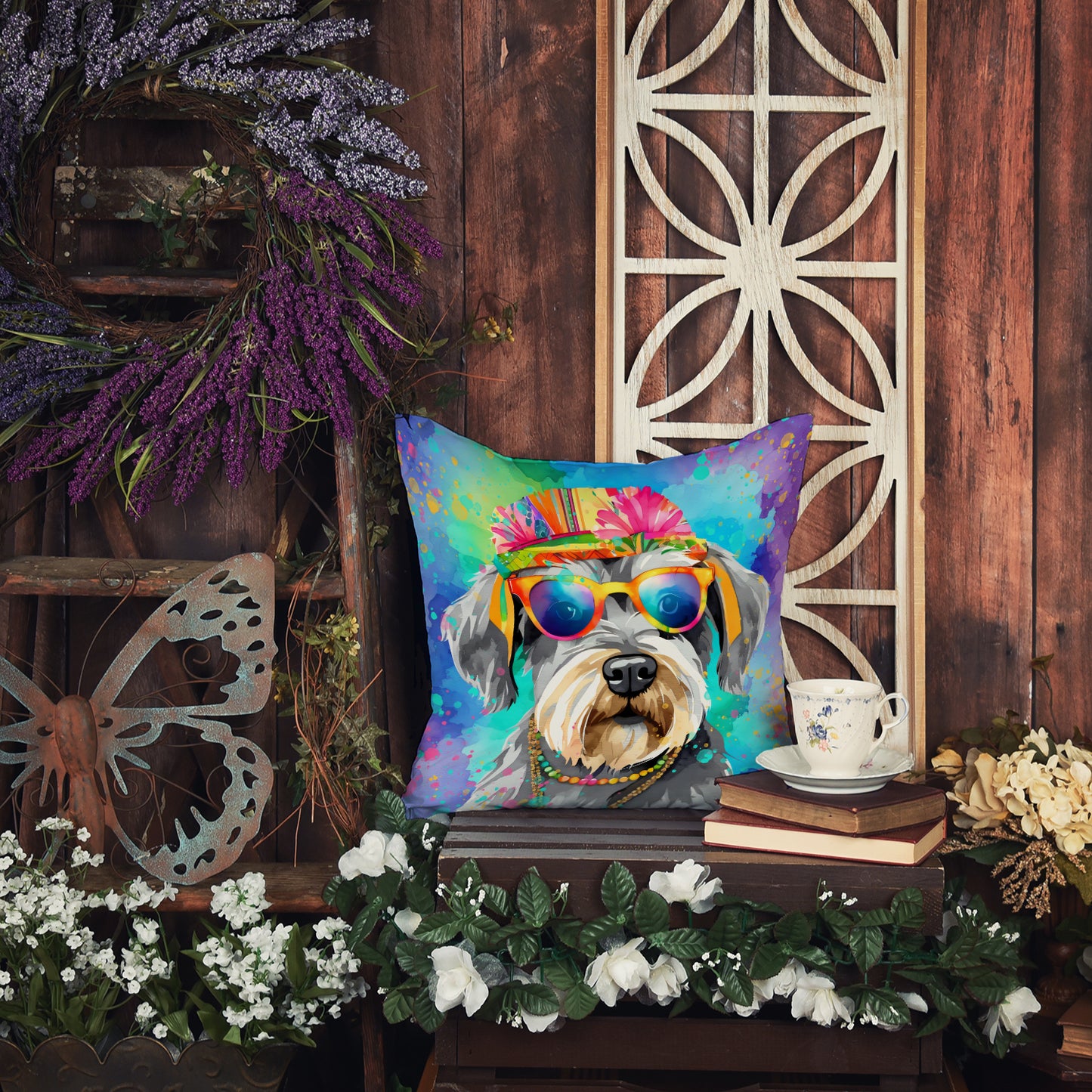 Schnauzer Hippie Dawg Throw Pillow