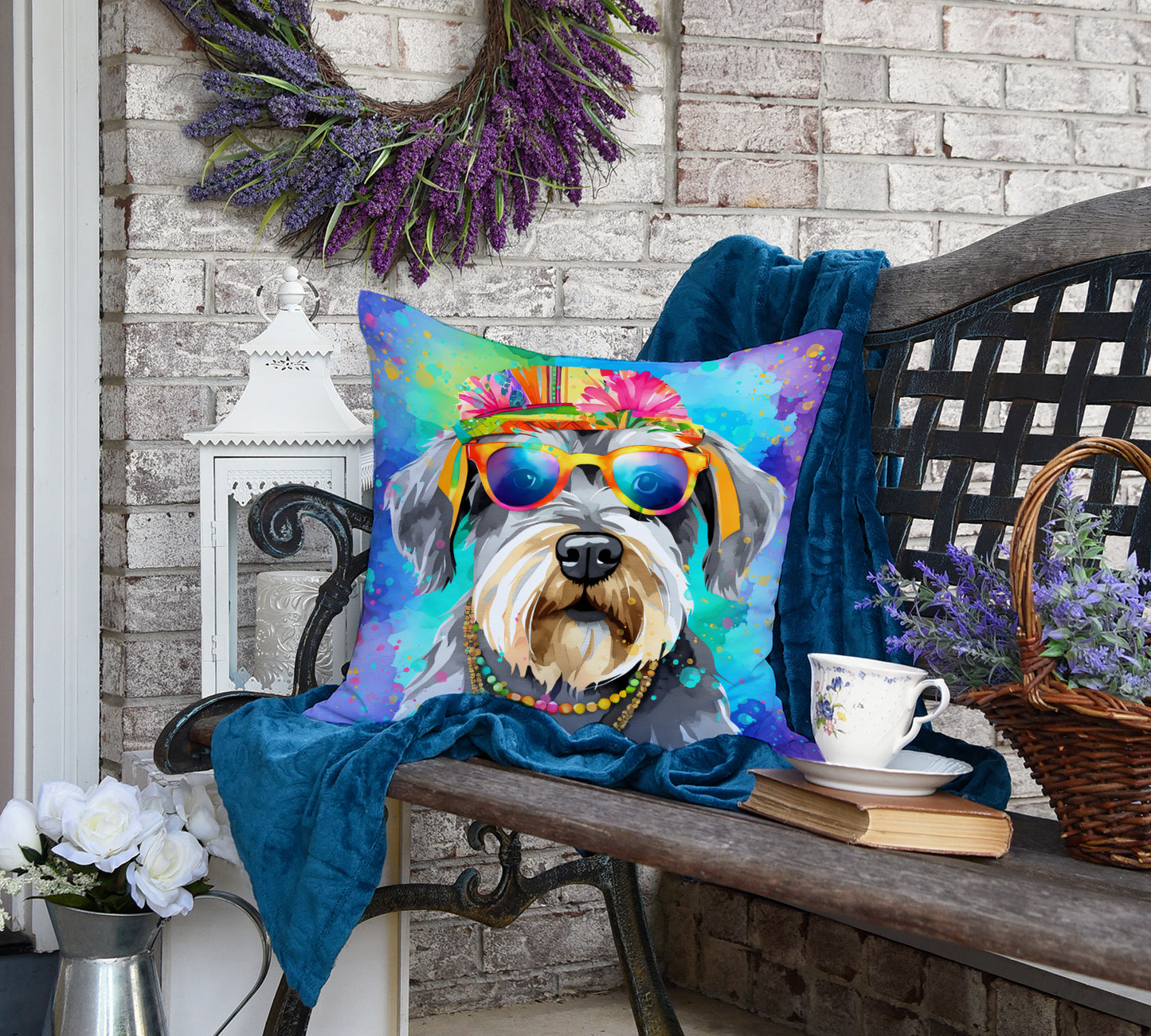 Schnauzer Hippie Dawg Throw Pillow