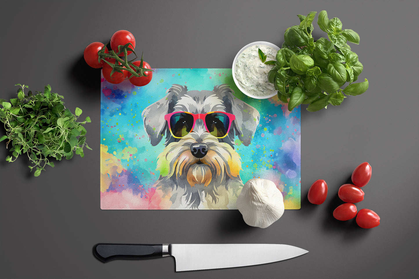 Schnauzer Hippie Dawg Glass Cutting Board