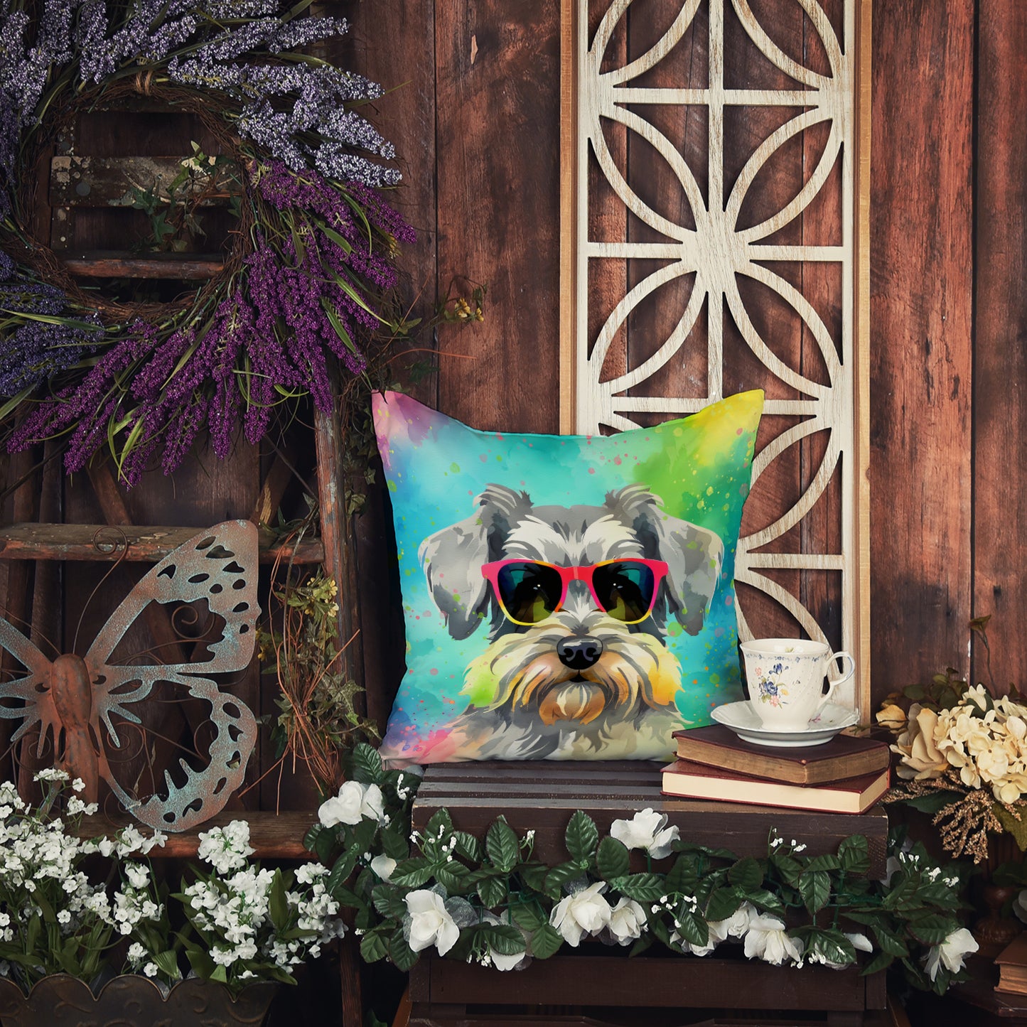 Schnauzer Hippie Dawg Throw Pillow