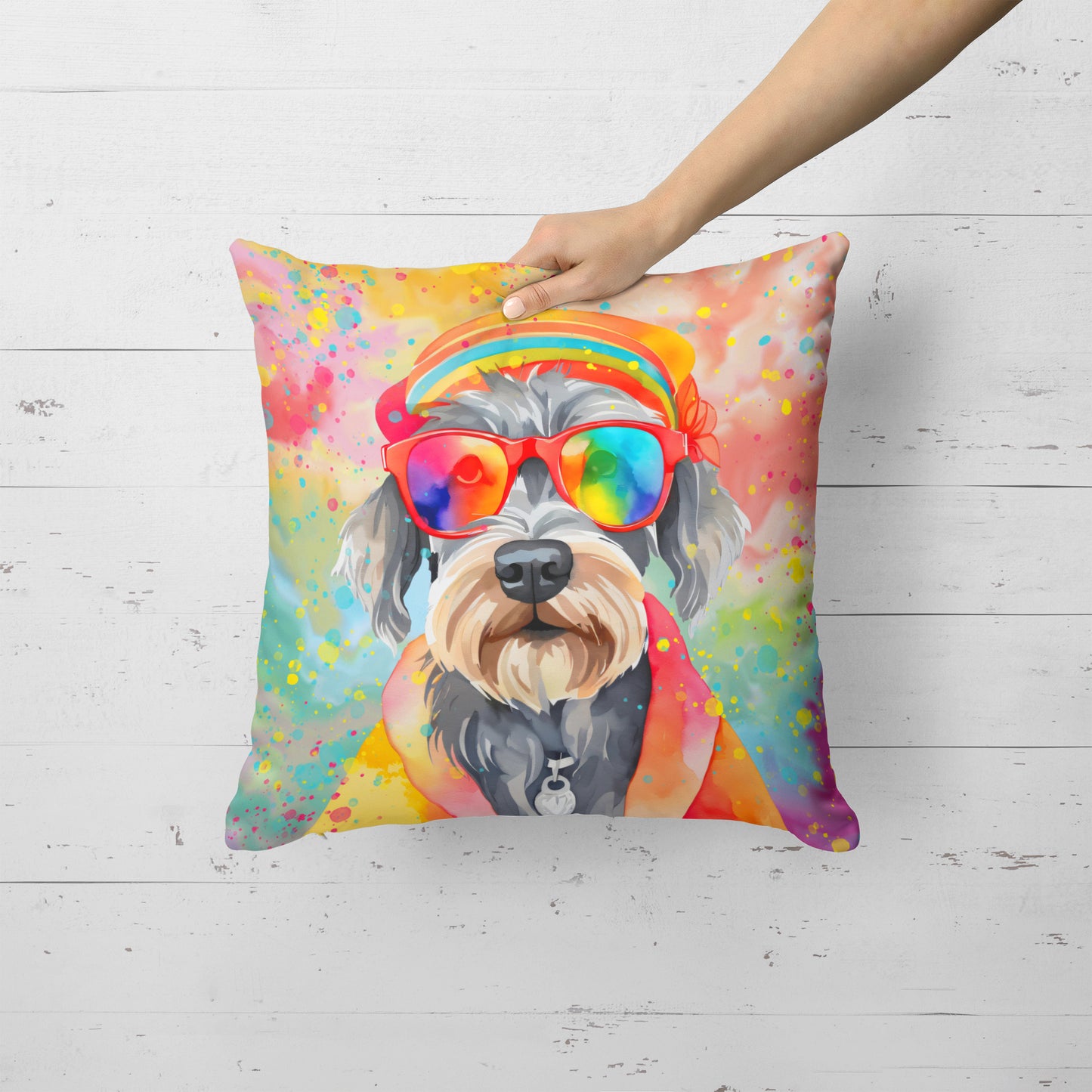 Schnauzer Hippie Dawg Throw Pillow