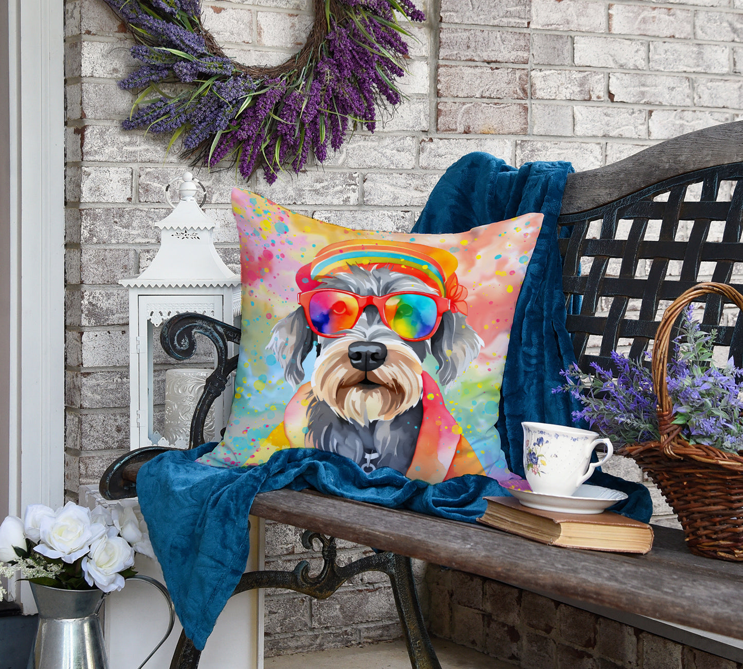 Schnauzer Hippie Dawg Throw Pillow