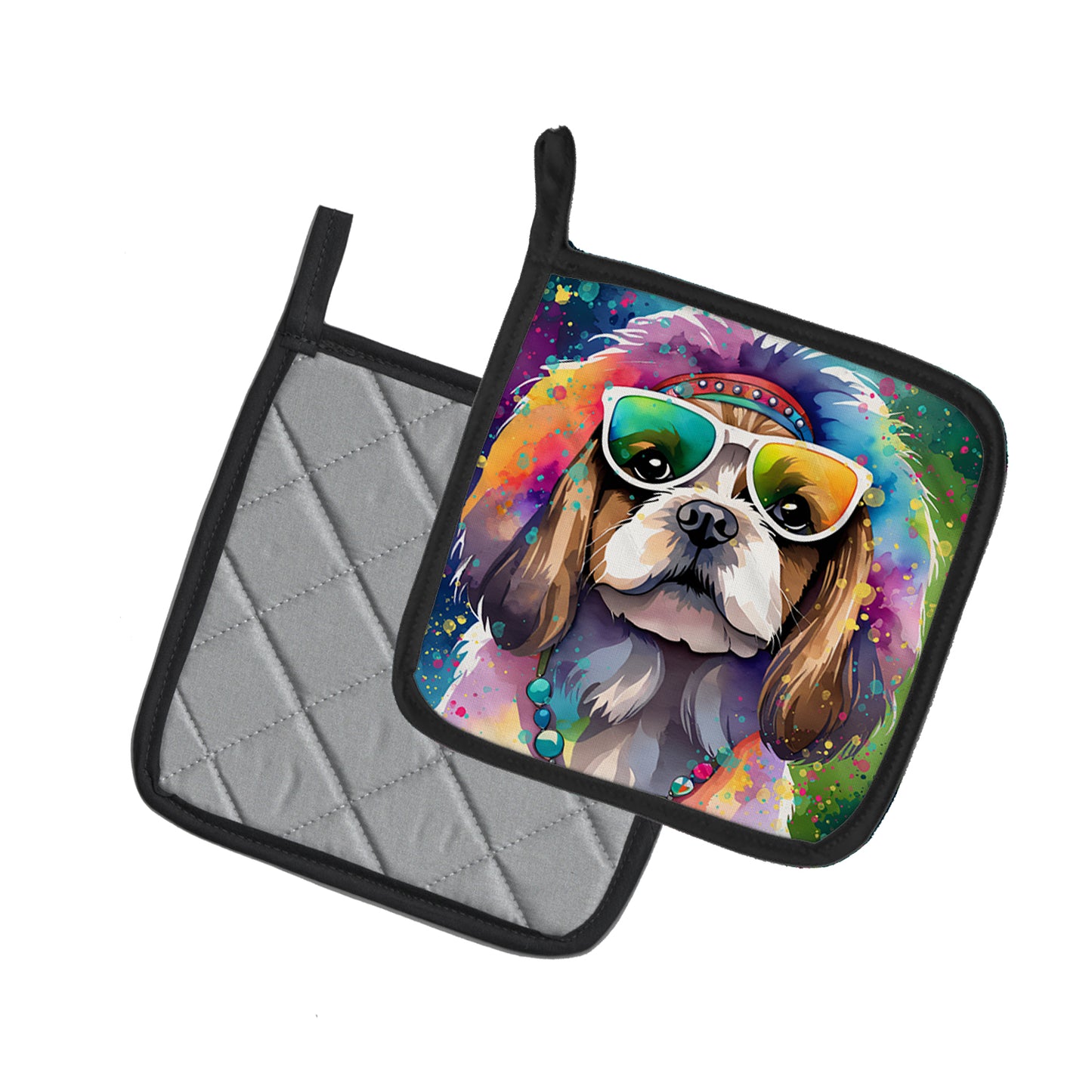 Shih Tzu Hippie Dawg Pair of Pot Holders