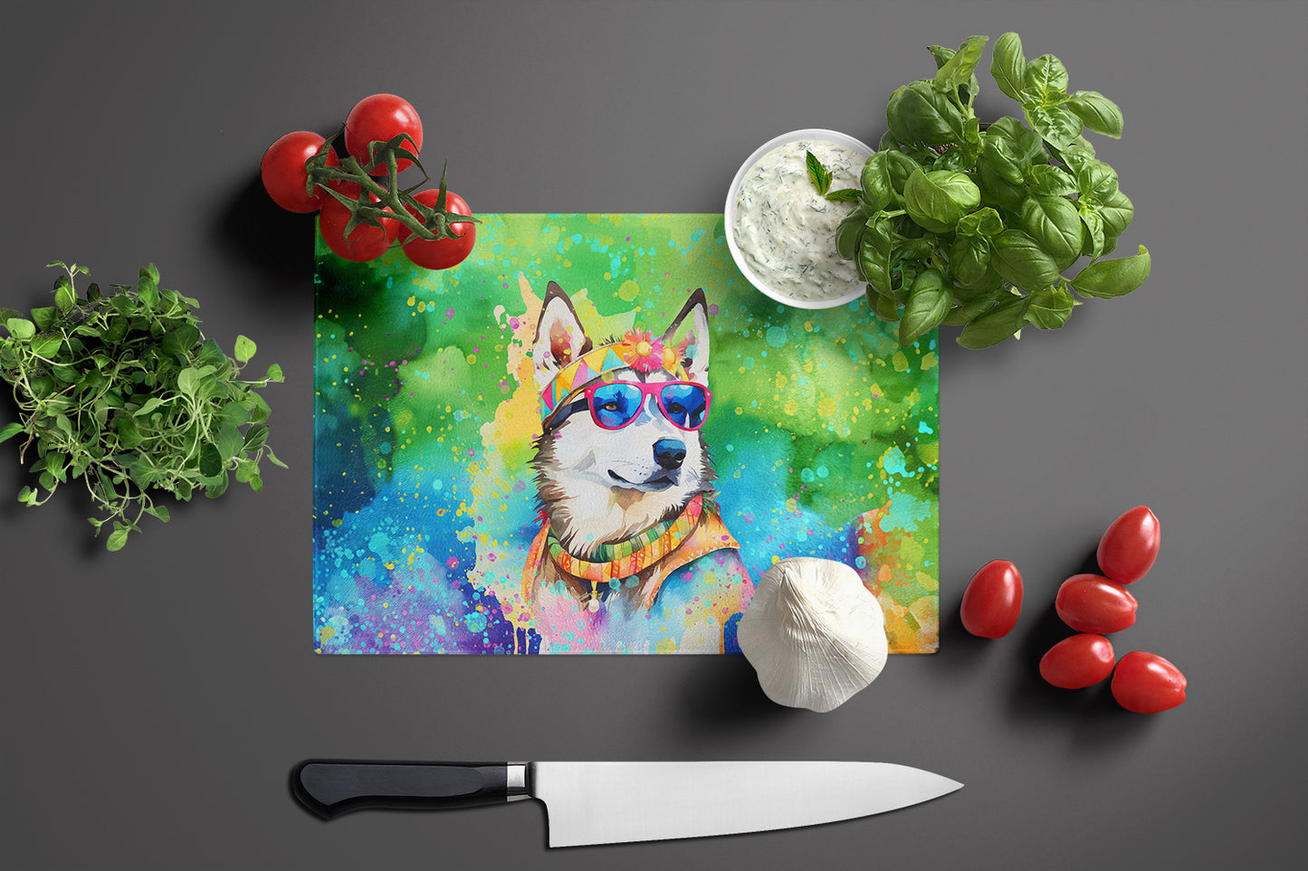 Siberian Husky Hippie Dawg Glass Cutting Board