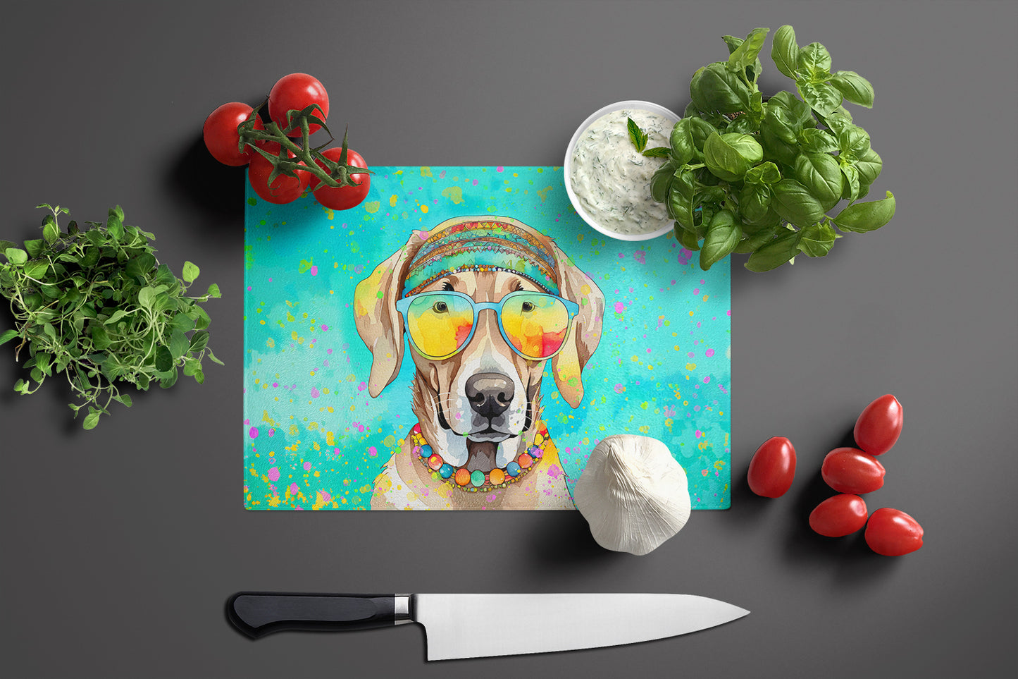 Weimaraner Hippie Dawg Glass Cutting Board