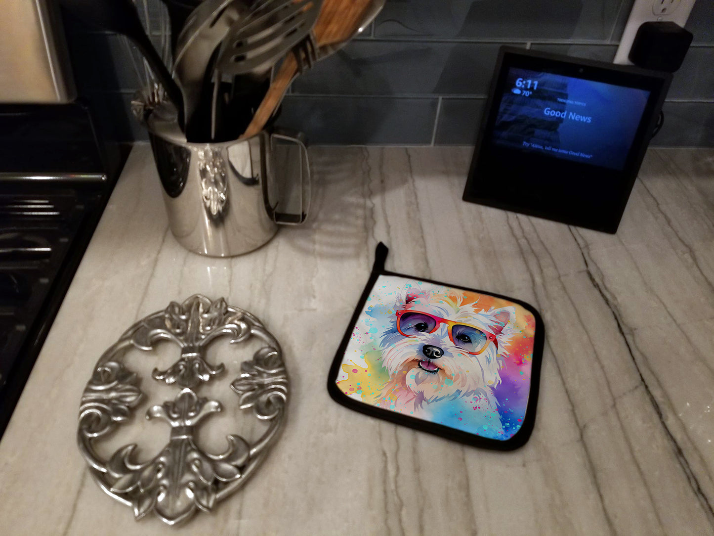 Westie Hippie Dawg Pair of Pot Holders