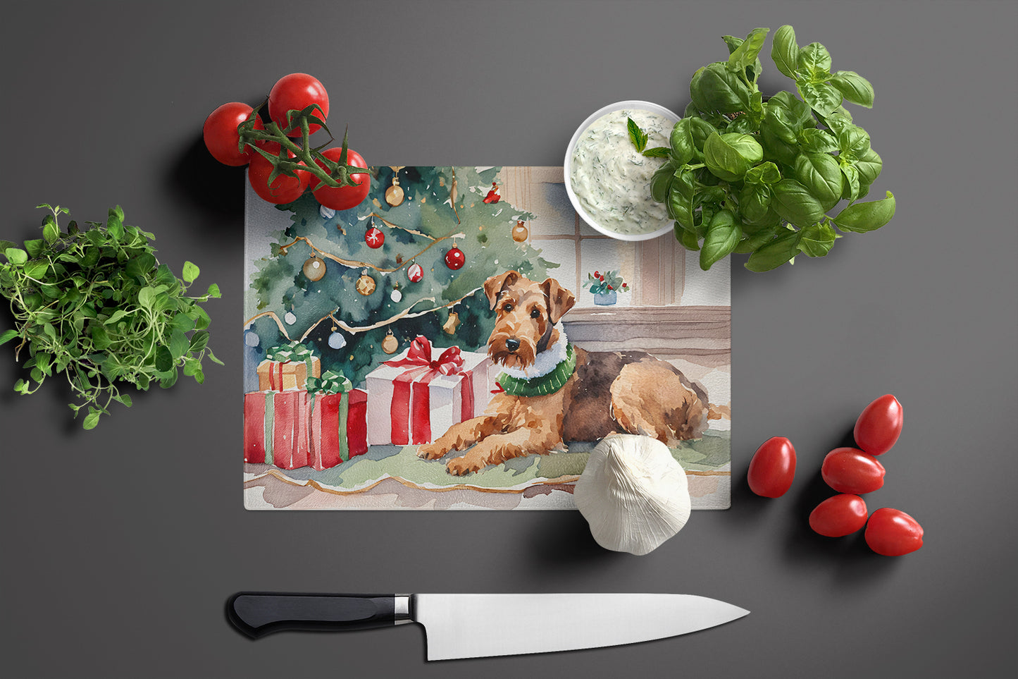 Airedale Terrier Cozy Christmas Glass Cutting Board