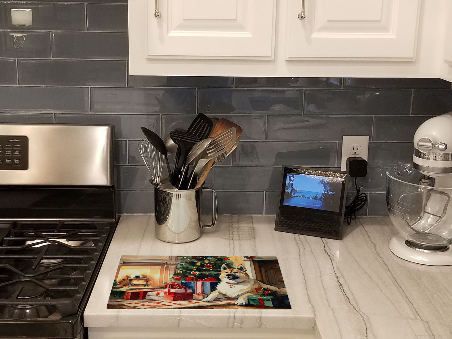 Akita Cozy Christmas Glass Cutting Board